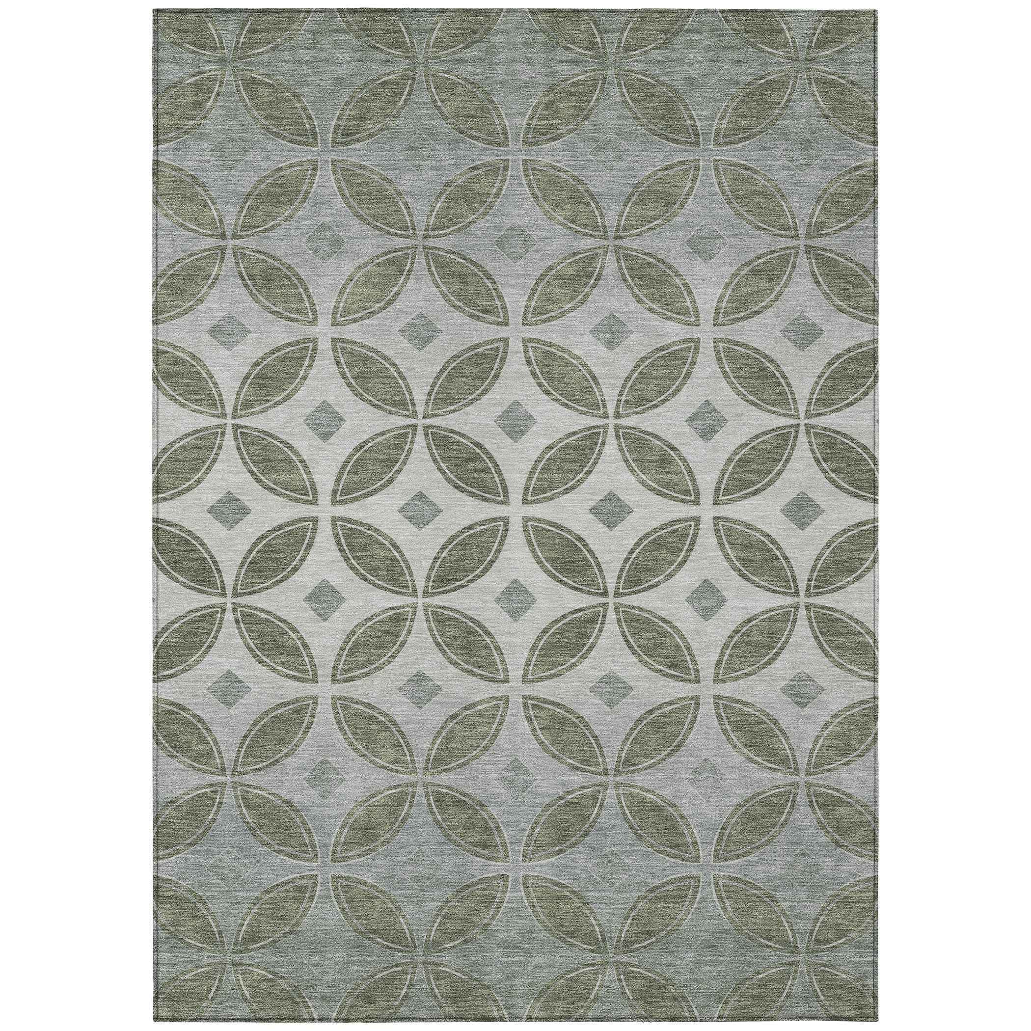 3' X 5' Artichoke Green And Ivory Geometric Washable Indoor Outdoor Area Rug