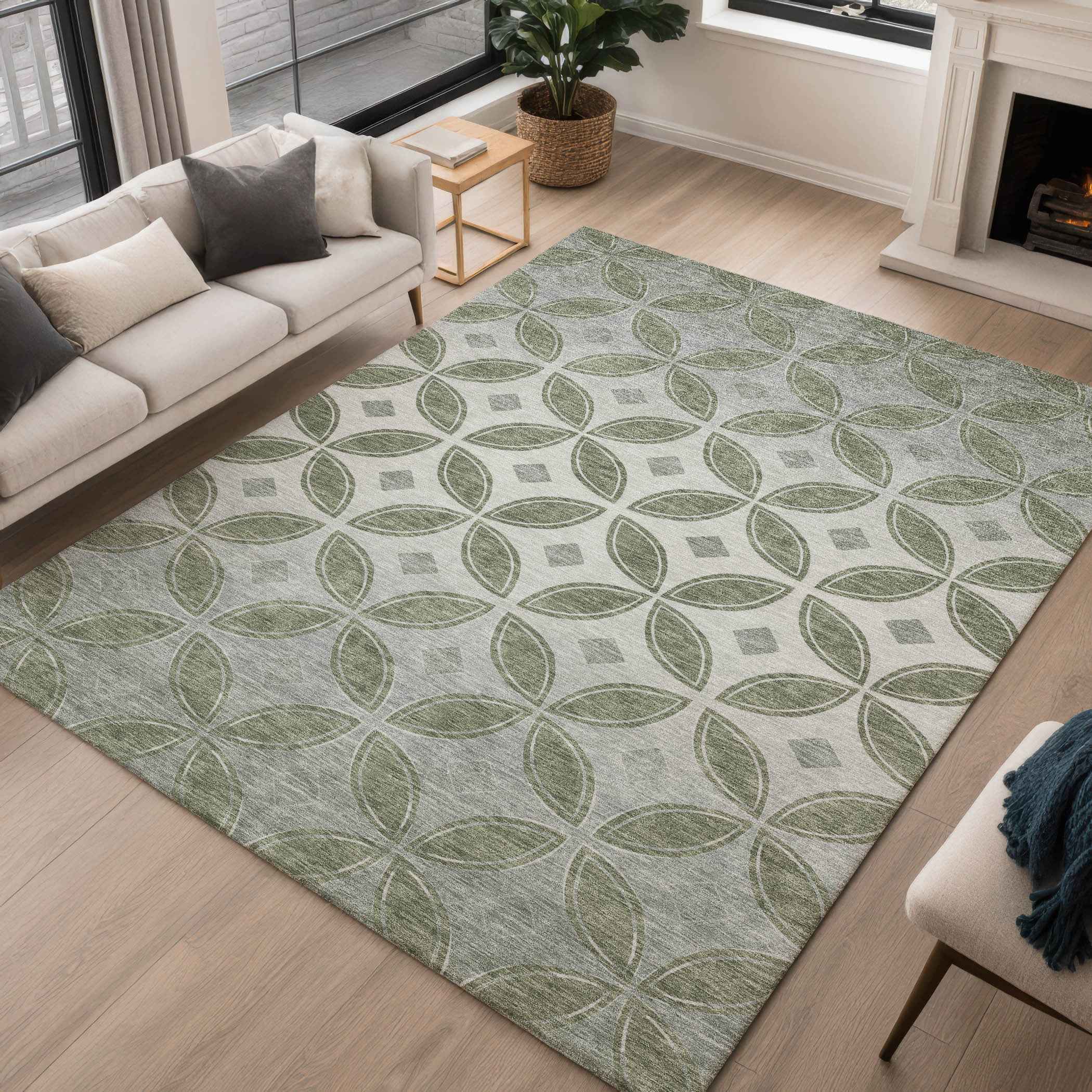 3' X 5' Artichoke Green And Ivory Geometric Washable Indoor Outdoor Area Rug