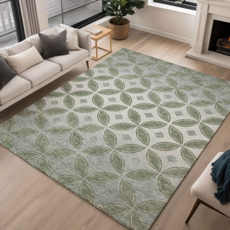 3' X 5' Artichoke Green And Ivory Geometric Washable Indoor Outdoor Area Rug