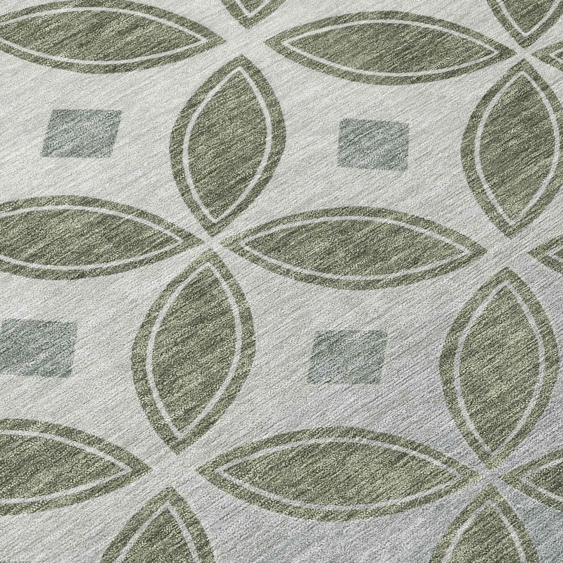 3' X 5' Artichoke Green And Ivory Geometric Washable Indoor Outdoor Area Rug