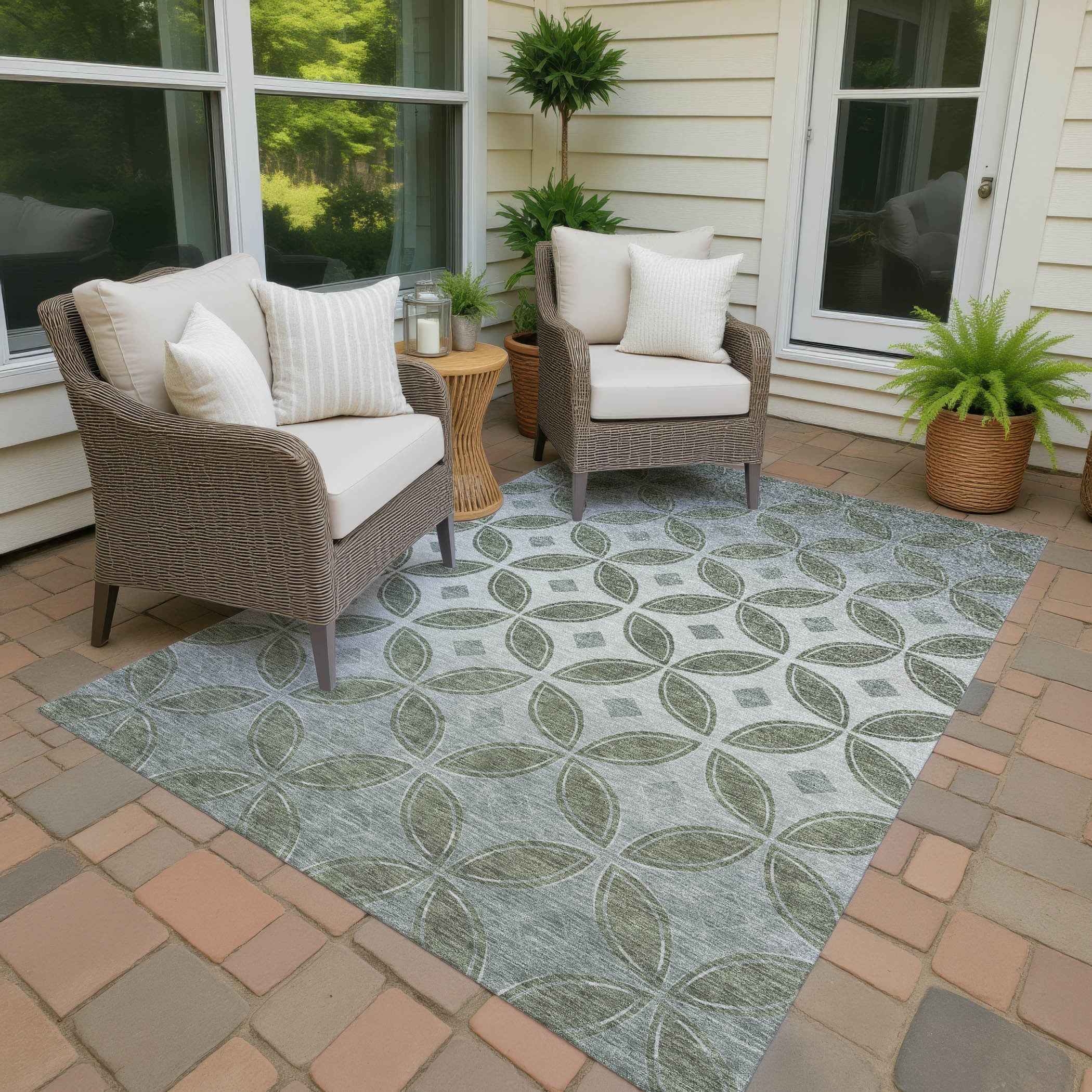 3' X 5' Artichoke Green And Ivory Geometric Washable Indoor Outdoor Area Rug