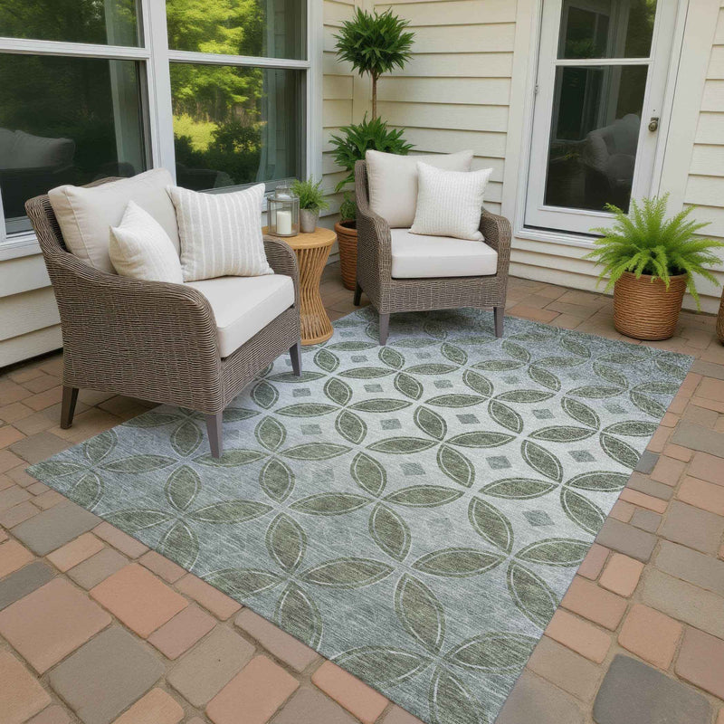 3' X 5' Artichoke Green And Ivory Geometric Washable Indoor Outdoor Area Rug