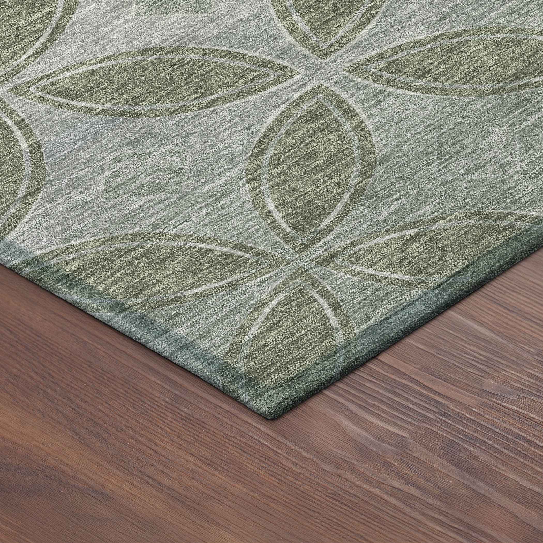 3' X 5' Artichoke Green And Ivory Geometric Washable Indoor Outdoor Area Rug