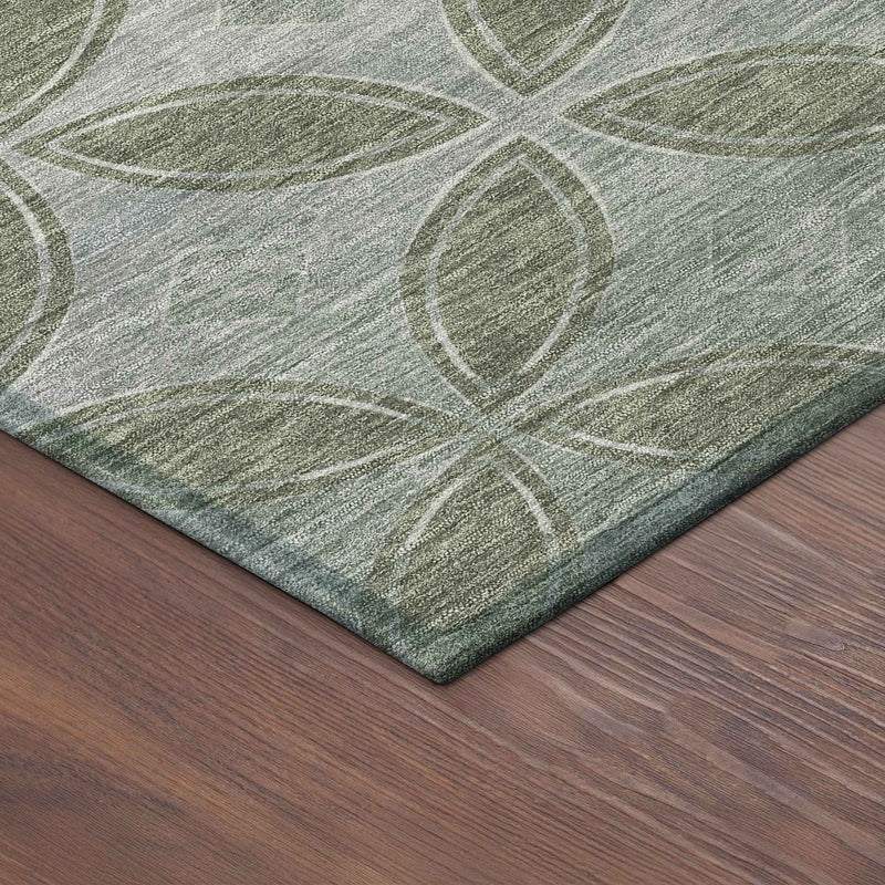 3' X 5' Artichoke Green And Ivory Geometric Washable Indoor Outdoor Area Rug