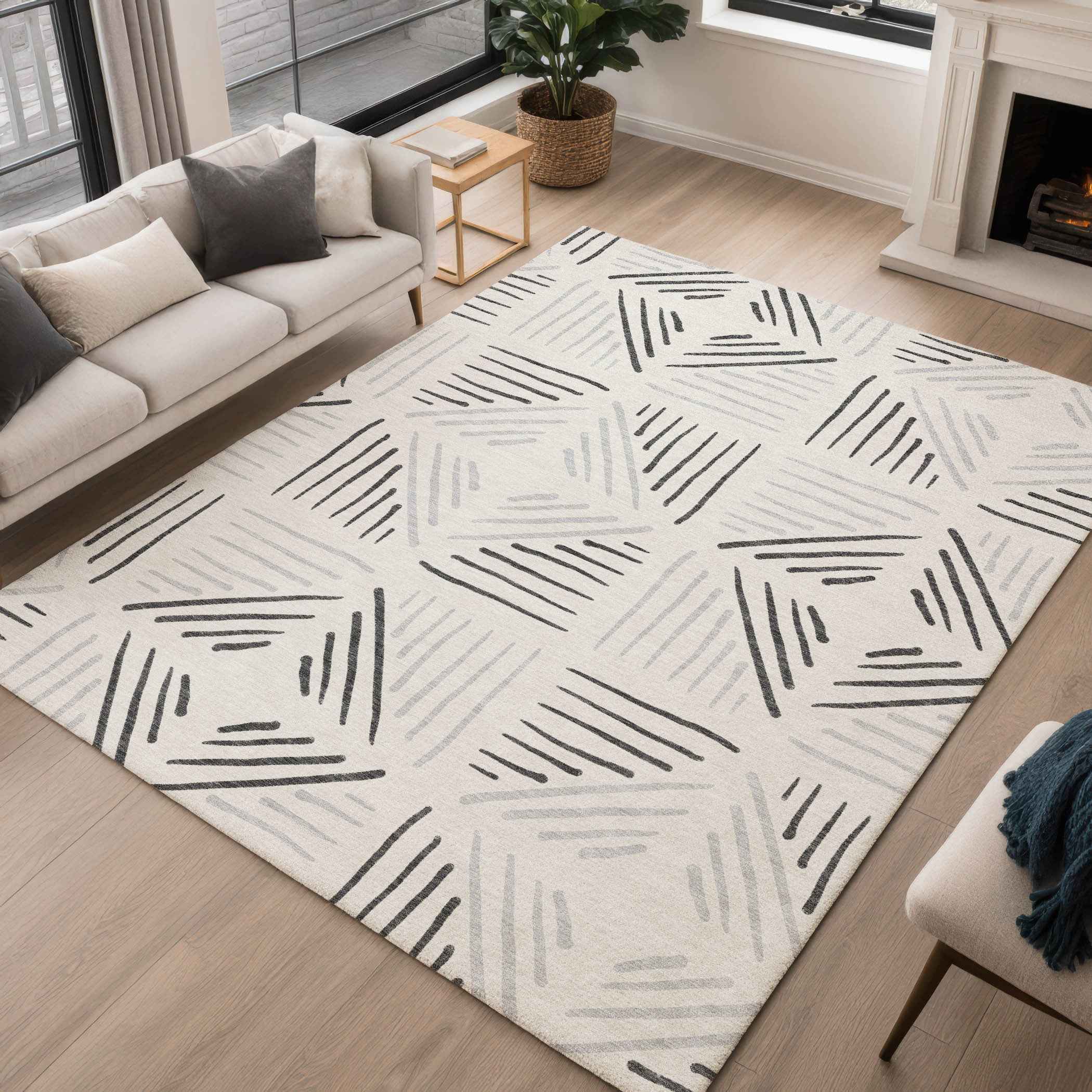 3' X 5' Ivory And Gray Geometric Washable Indoor Outdoor Area Rug