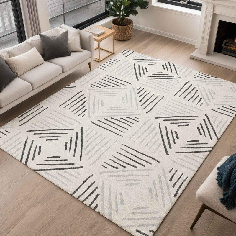 3' X 5' Ivory And Gray Geometric Washable Indoor Outdoor Area Rug
