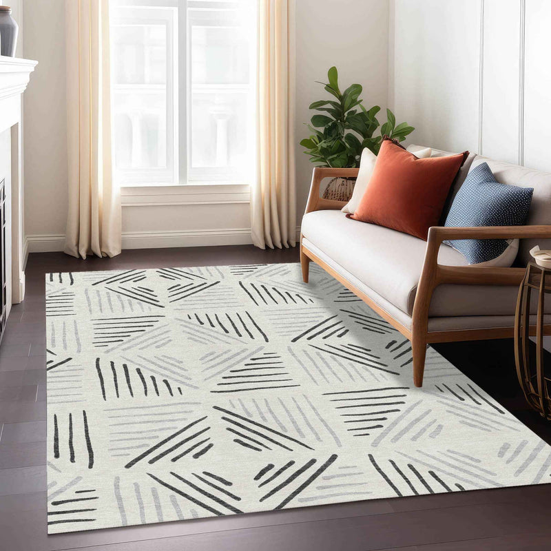 3' X 5' Ivory And Gray Geometric Washable Indoor Outdoor Area Rug