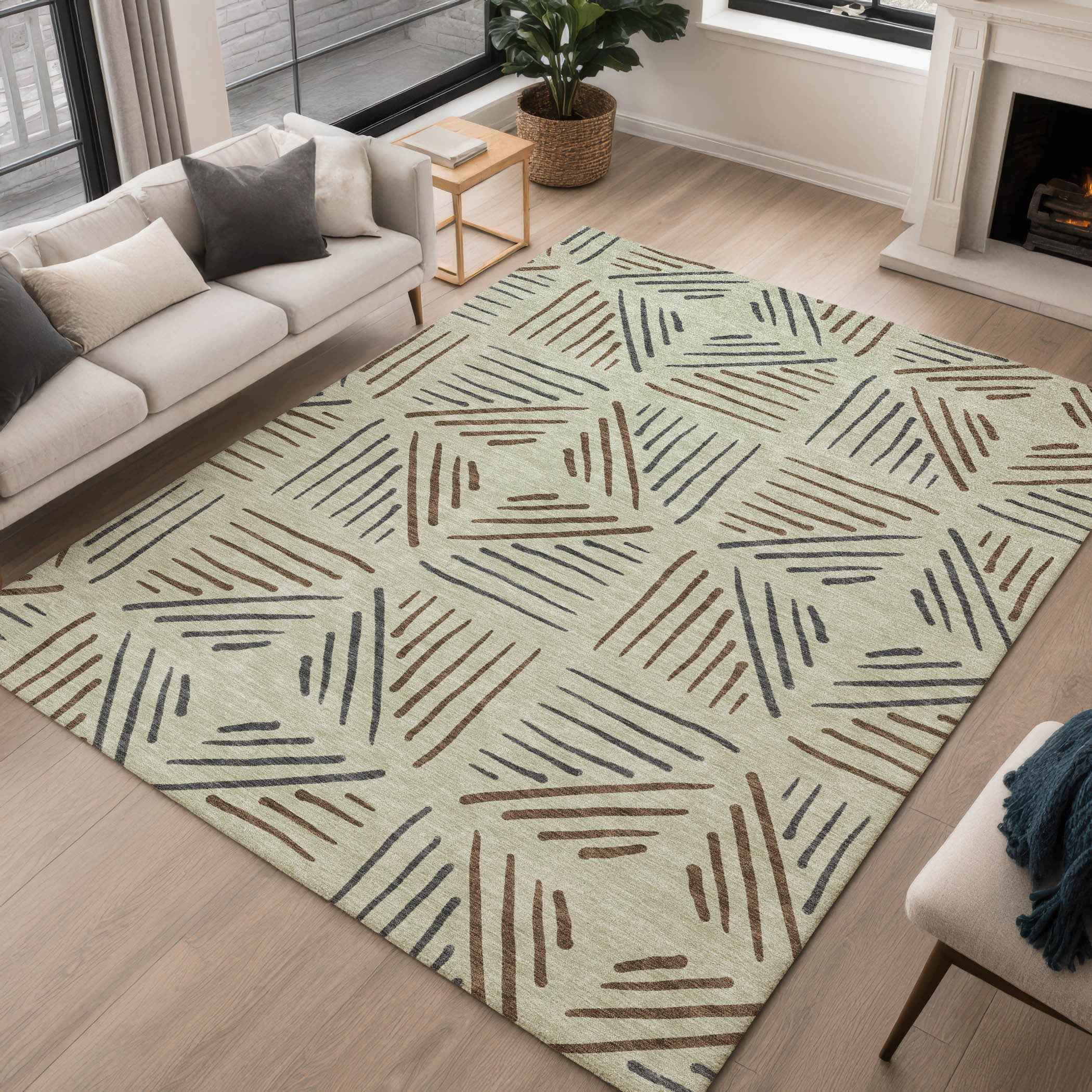 9' X 12' Lime Green Brown And Gray Geometric Washable Indoor Outdoor Area Rug