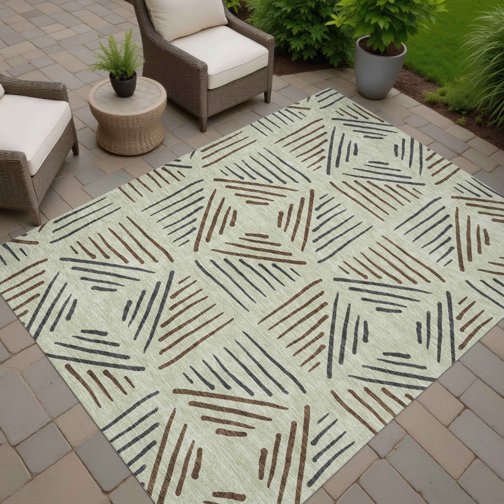 9' X 12' Lime Green Brown And Gray Geometric Washable Indoor Outdoor Area Rug