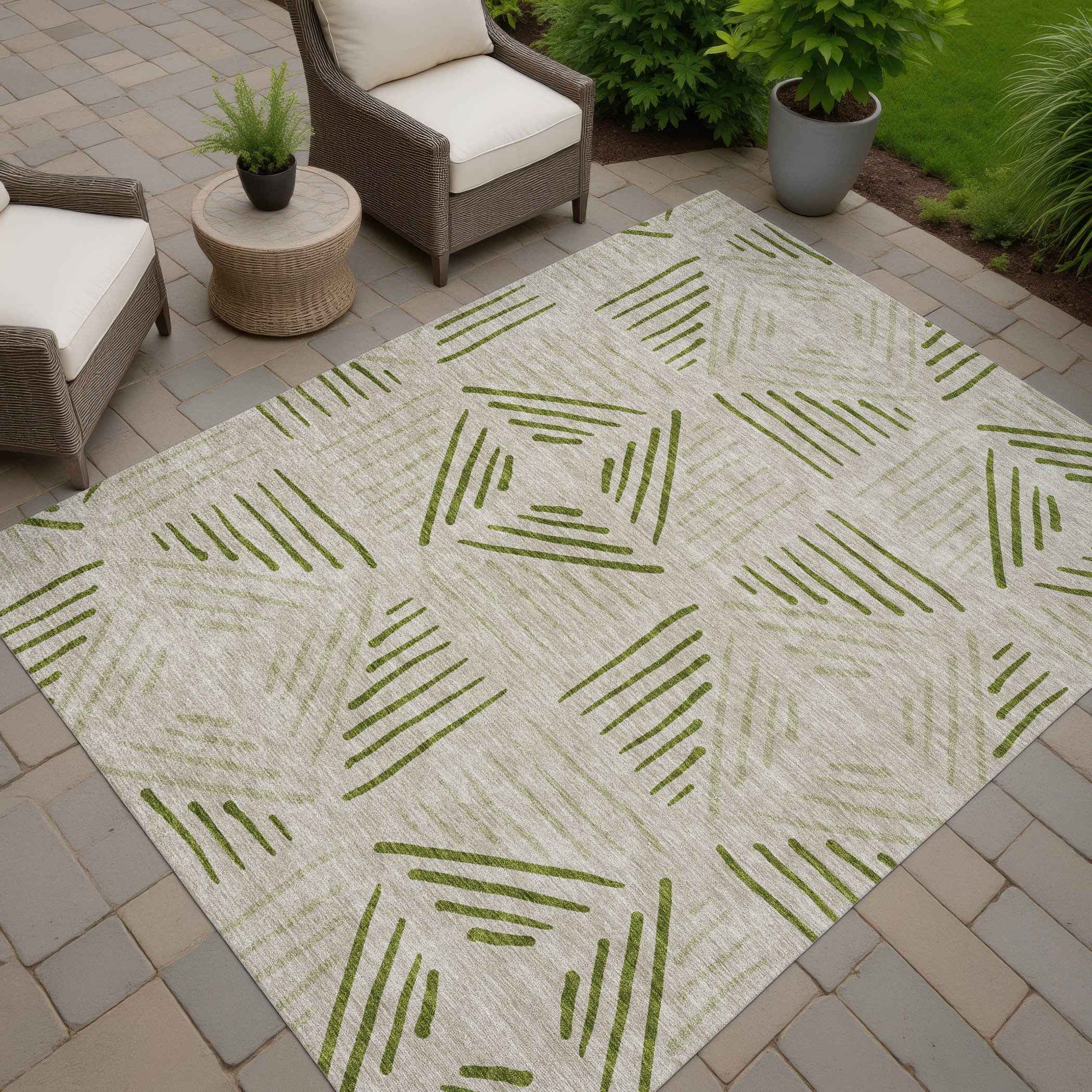 8' X 10' Flax And Sage Geometric Washable Indoor Outdoor Area Rug