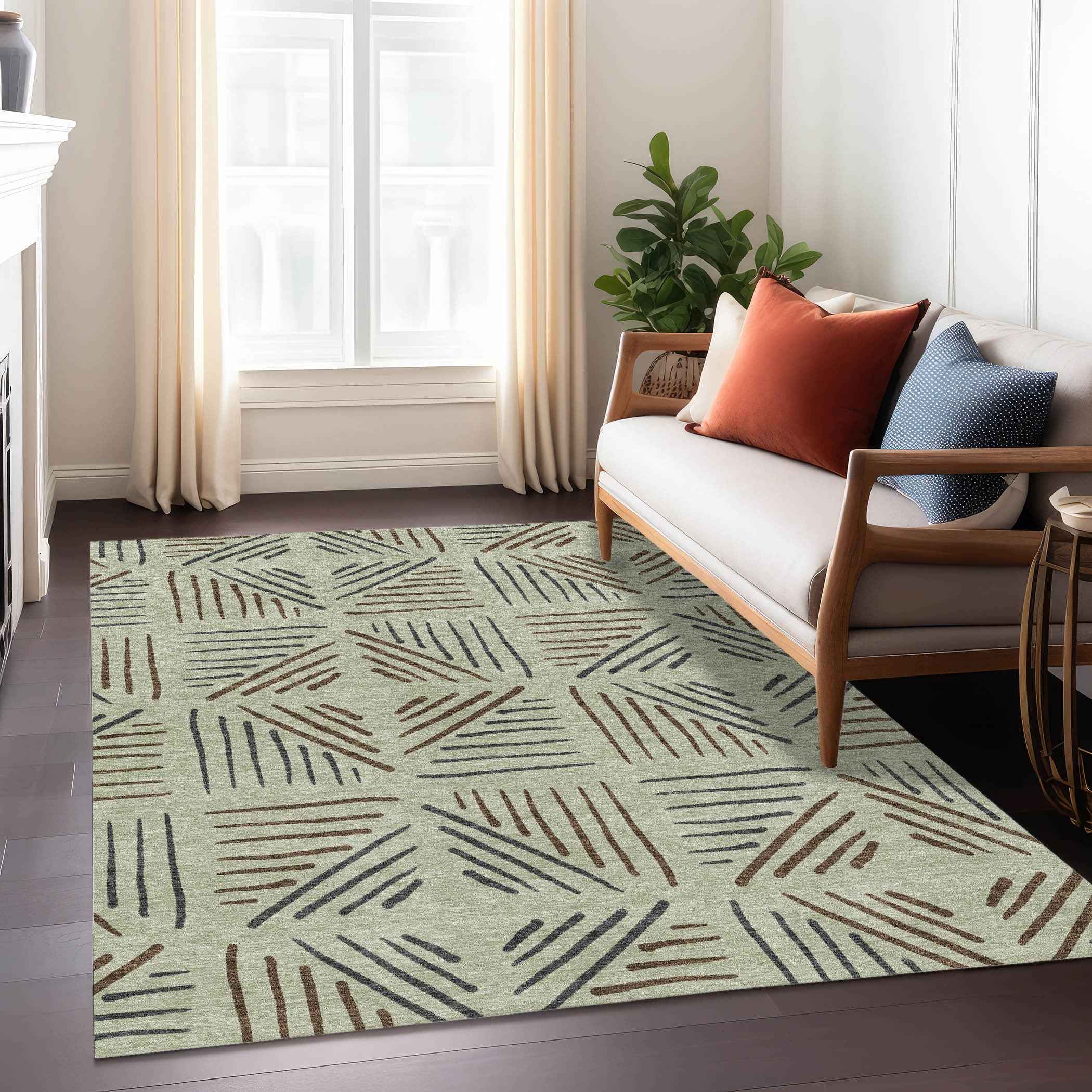8' X 10' Lime Green Brown And Gray Geometric Washable Indoor Outdoor Area Rug