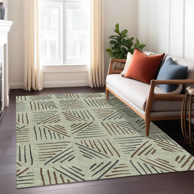 8' X 10' Lime Green Brown And Gray Geometric Washable Indoor Outdoor Area Rug