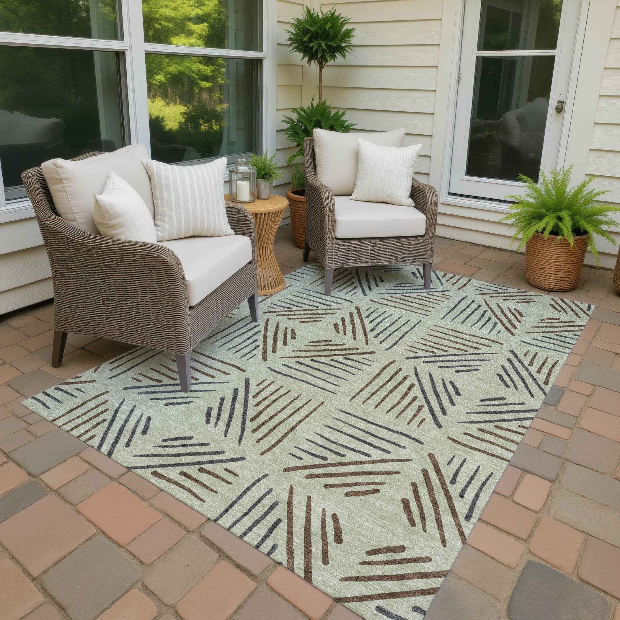 5' X 8' Lime Green Brown And Gray Geometric Washable Indoor Outdoor Area Rug