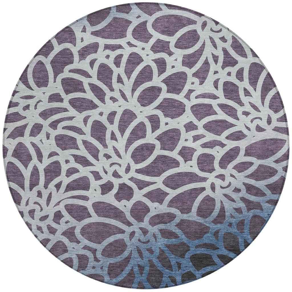 8' Plum And Blue Round Botanical Leaves Washable Indoor Outdoor Area Rug