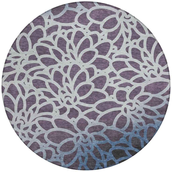 8' Plum And Blue Round Botanical Leaves Washable Indoor Outdoor Area Rug