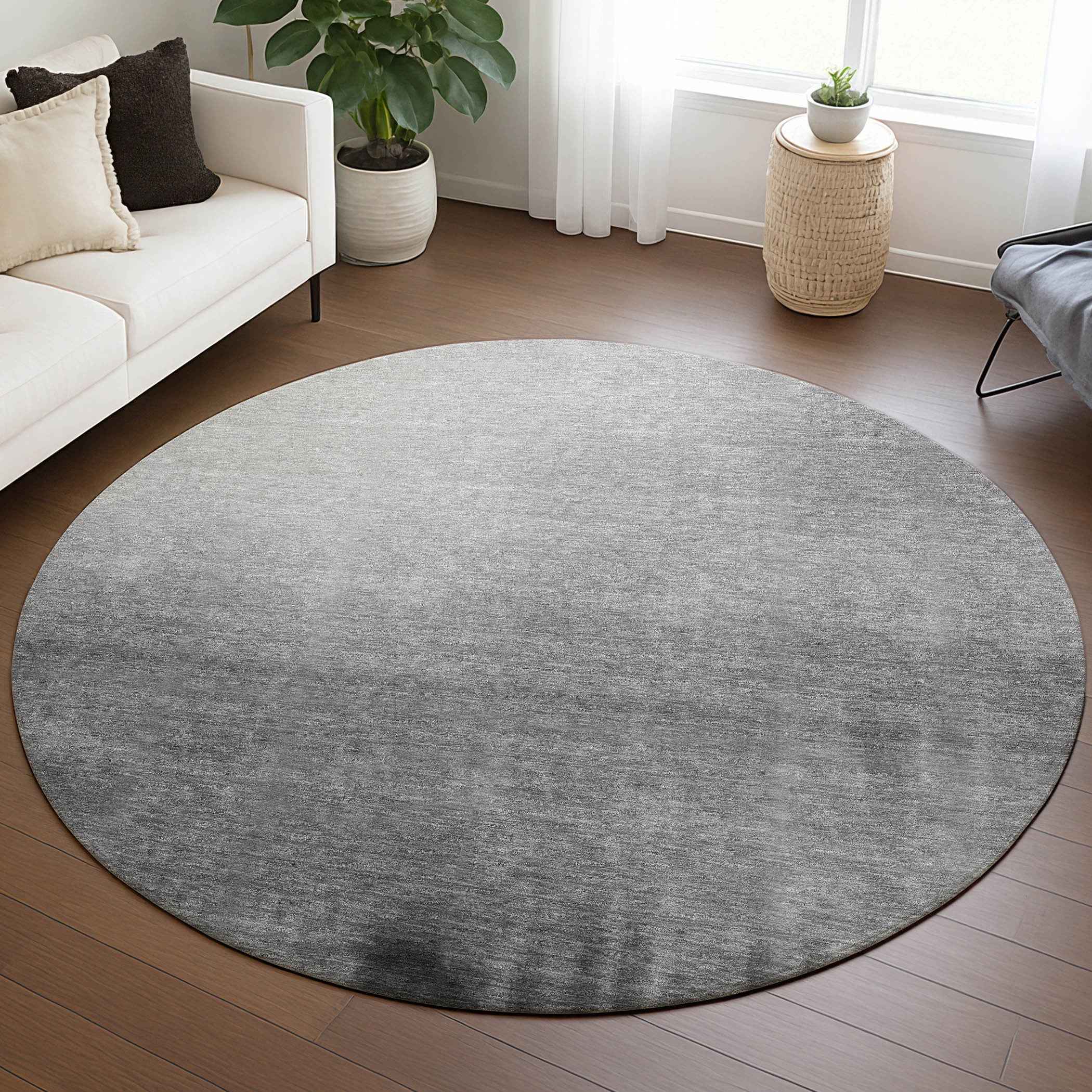 8' Gray Silver And Black Round Abstract Washable Indoor Outdoor Area Rug