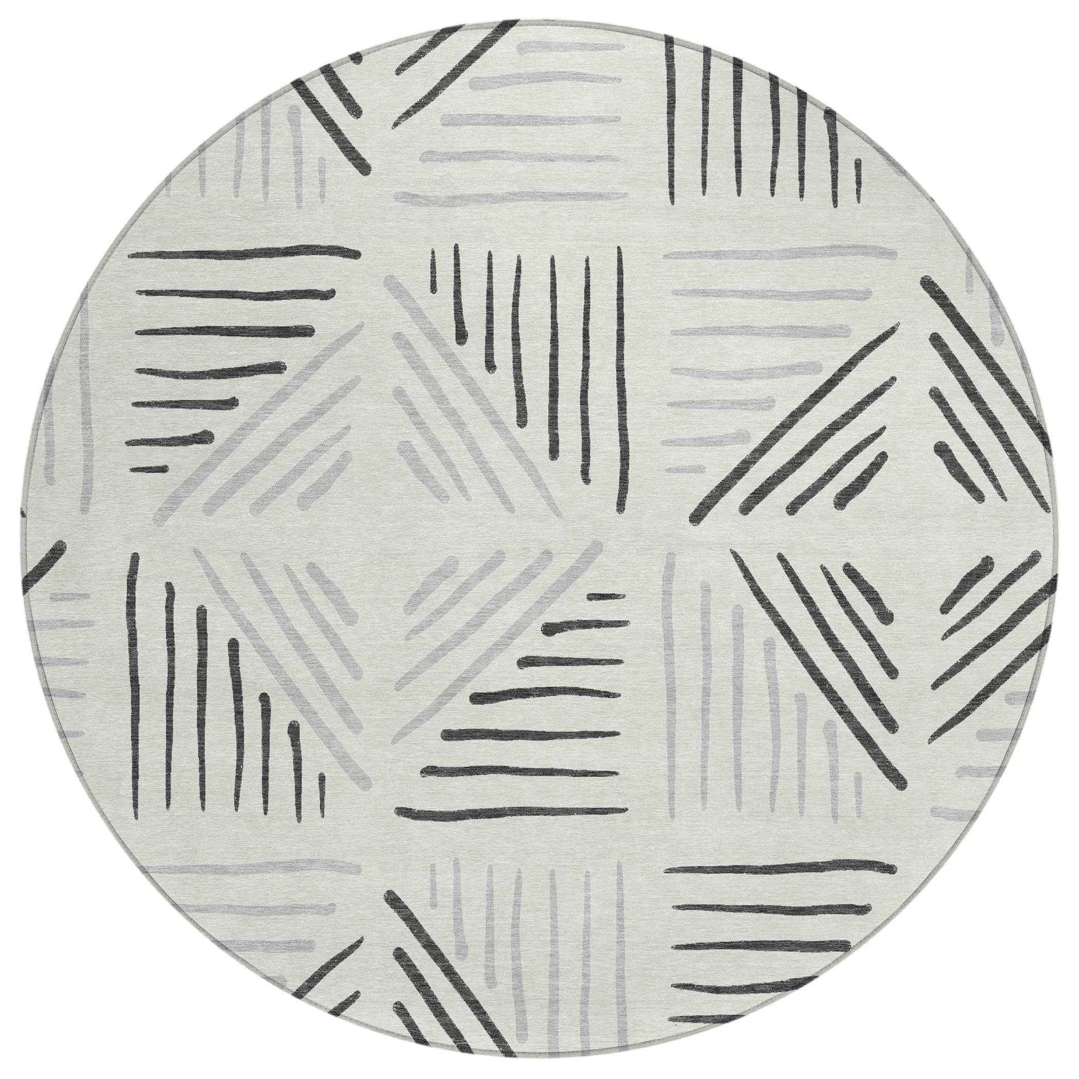 8' Ivory And Gray Round Geometric Washable Indoor Outdoor Area Rug