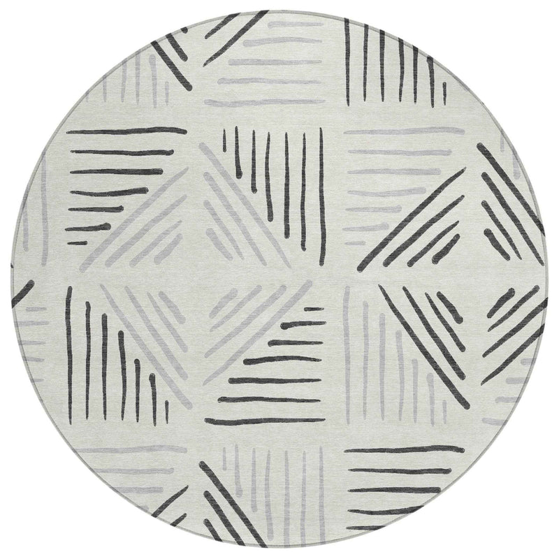 8' Ivory And Gray Round Geometric Washable Indoor Outdoor Area Rug