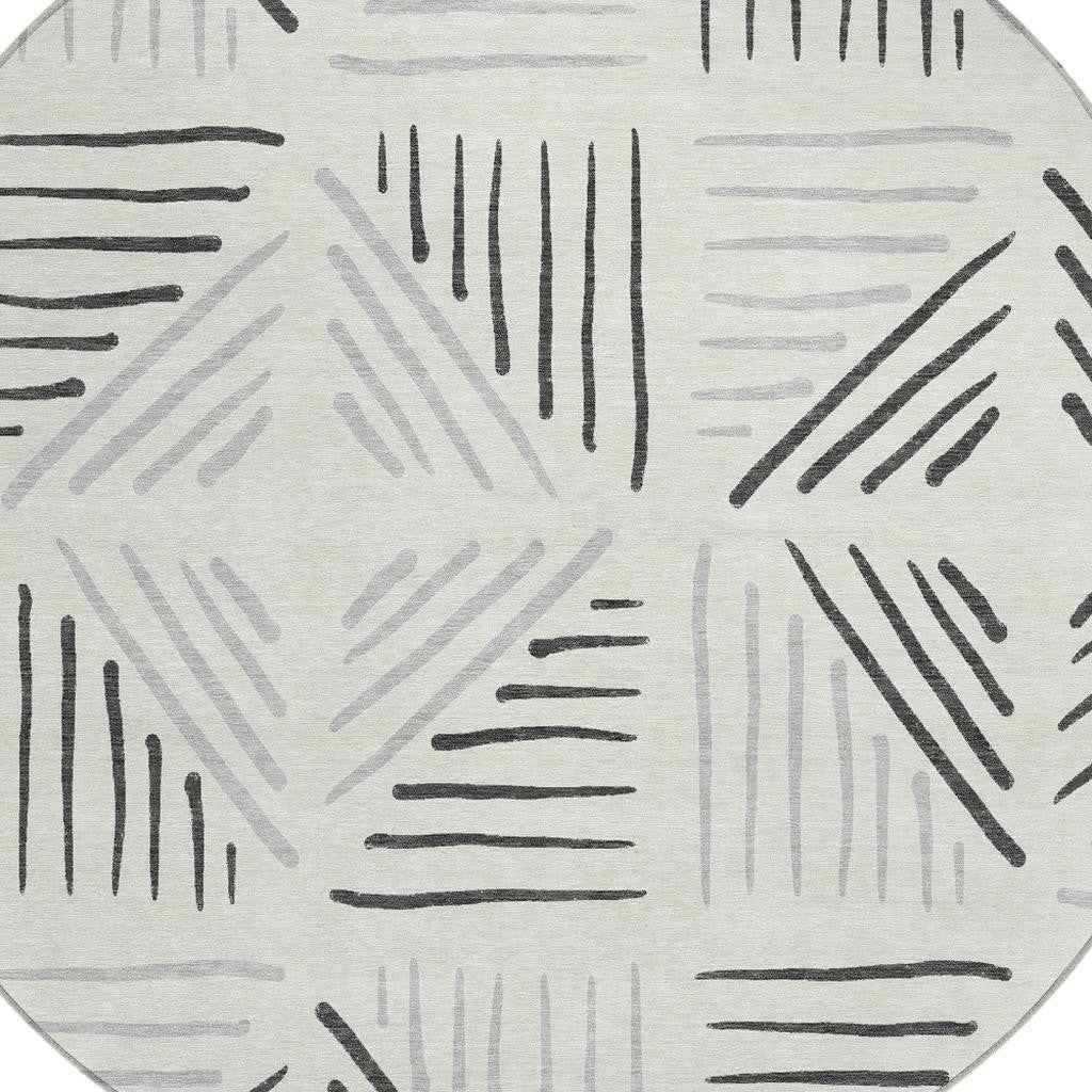 8' Ivory And Gray Round Geometric Washable Indoor Outdoor Area Rug
