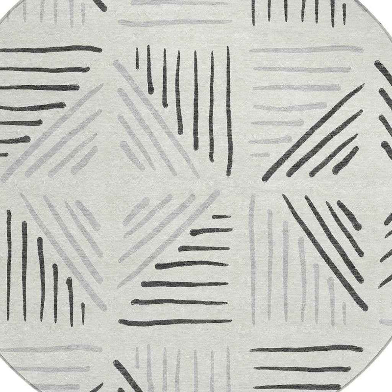 8' Ivory And Gray Round Geometric Washable Indoor Outdoor Area Rug