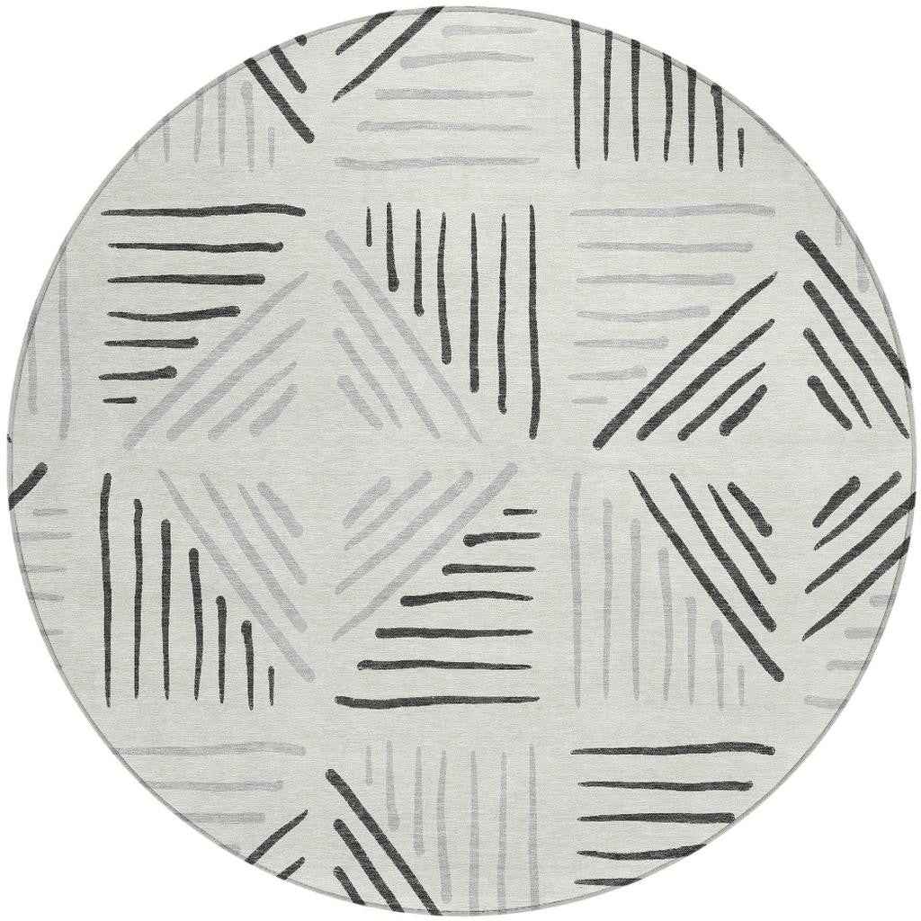 8' Ivory And Gray Round Geometric Washable Indoor Outdoor Area Rug
