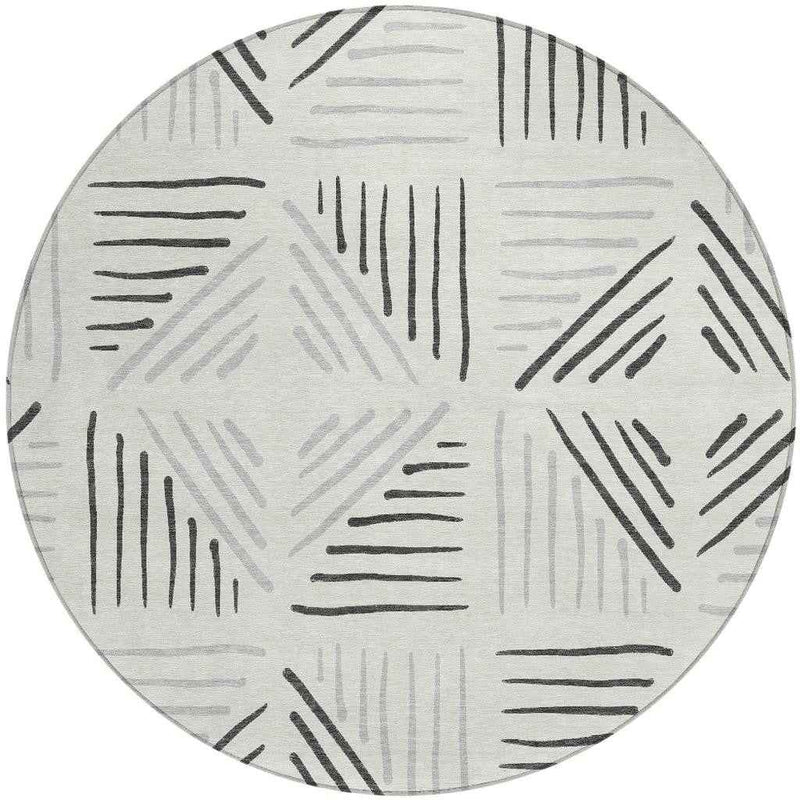 8' Ivory And Gray Round Geometric Washable Indoor Outdoor Area Rug