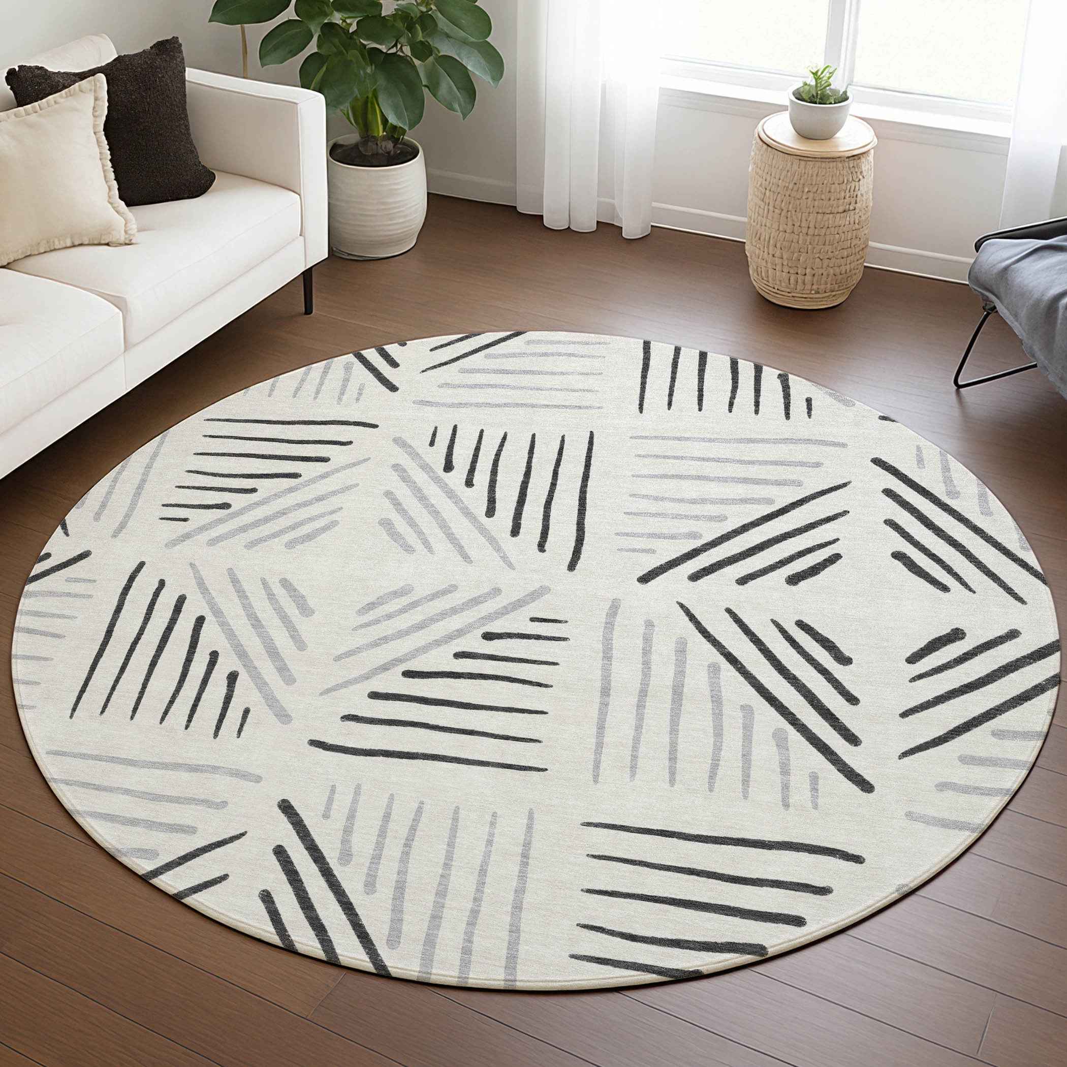 8' Ivory And Gray Round Geometric Washable Indoor Outdoor Area Rug