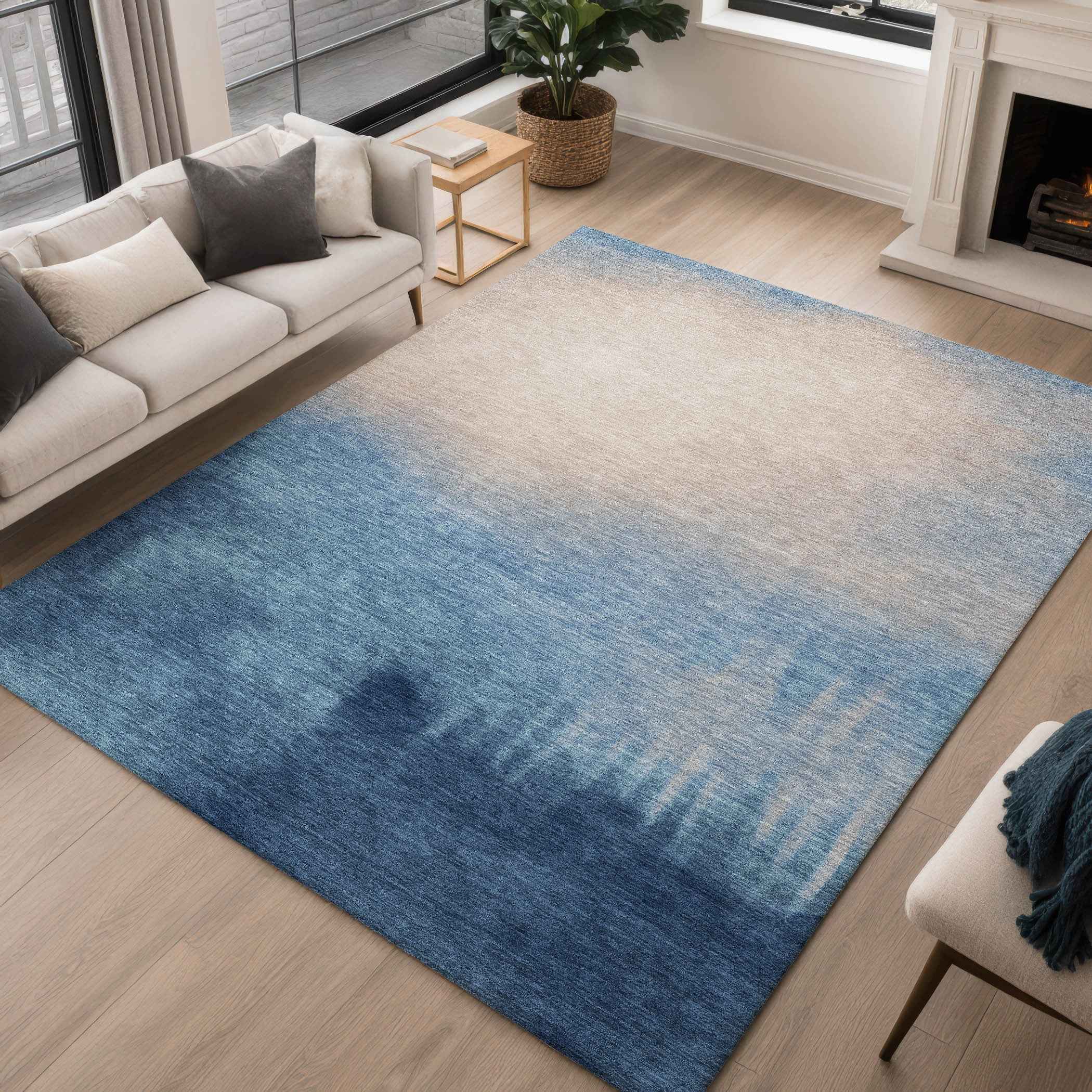 3' X 5' Denim Blue Beige And Cream Abstract Washable Indoor Outdoor Area Rug