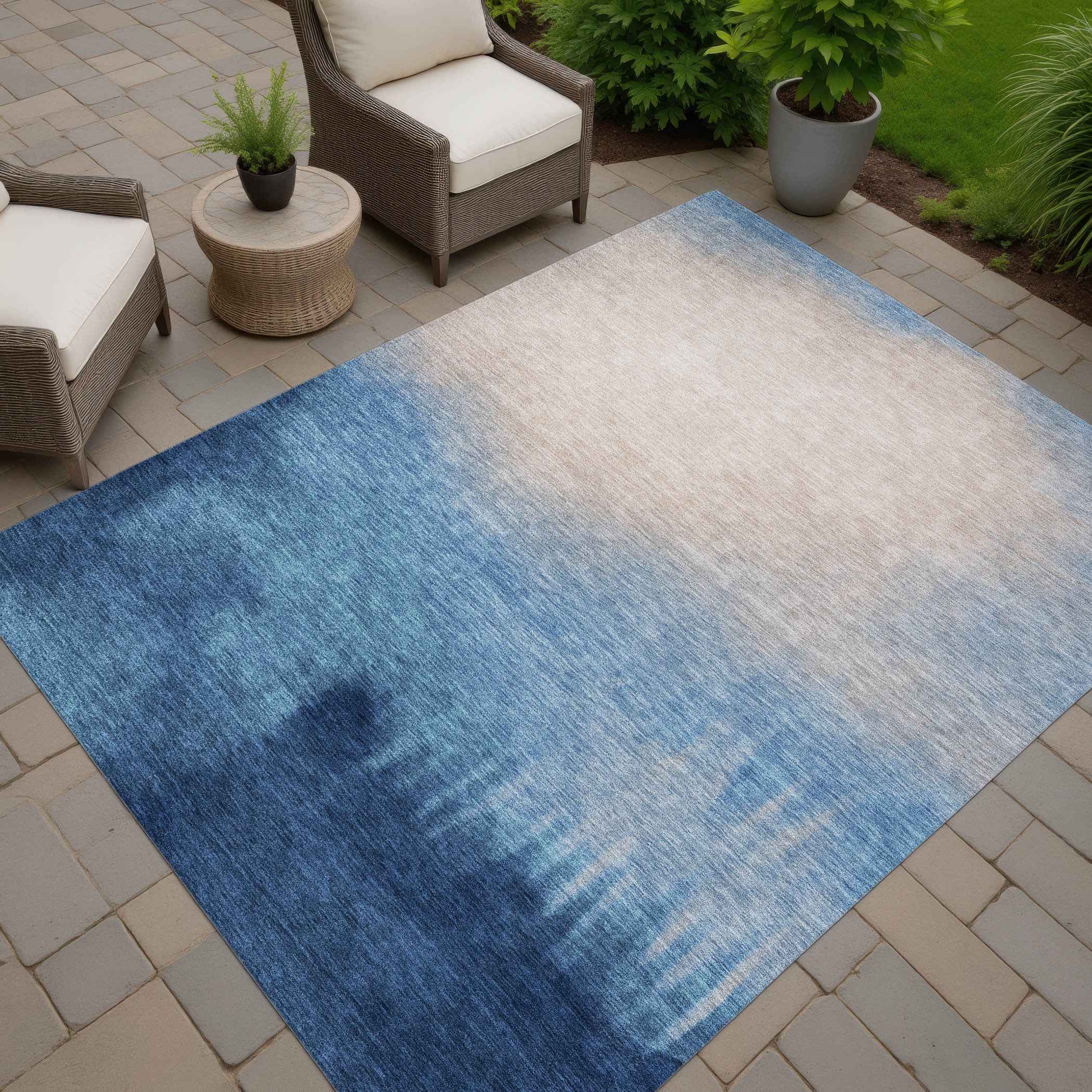 3' X 5' Denim Blue Beige And Cream Abstract Washable Indoor Outdoor Area Rug
