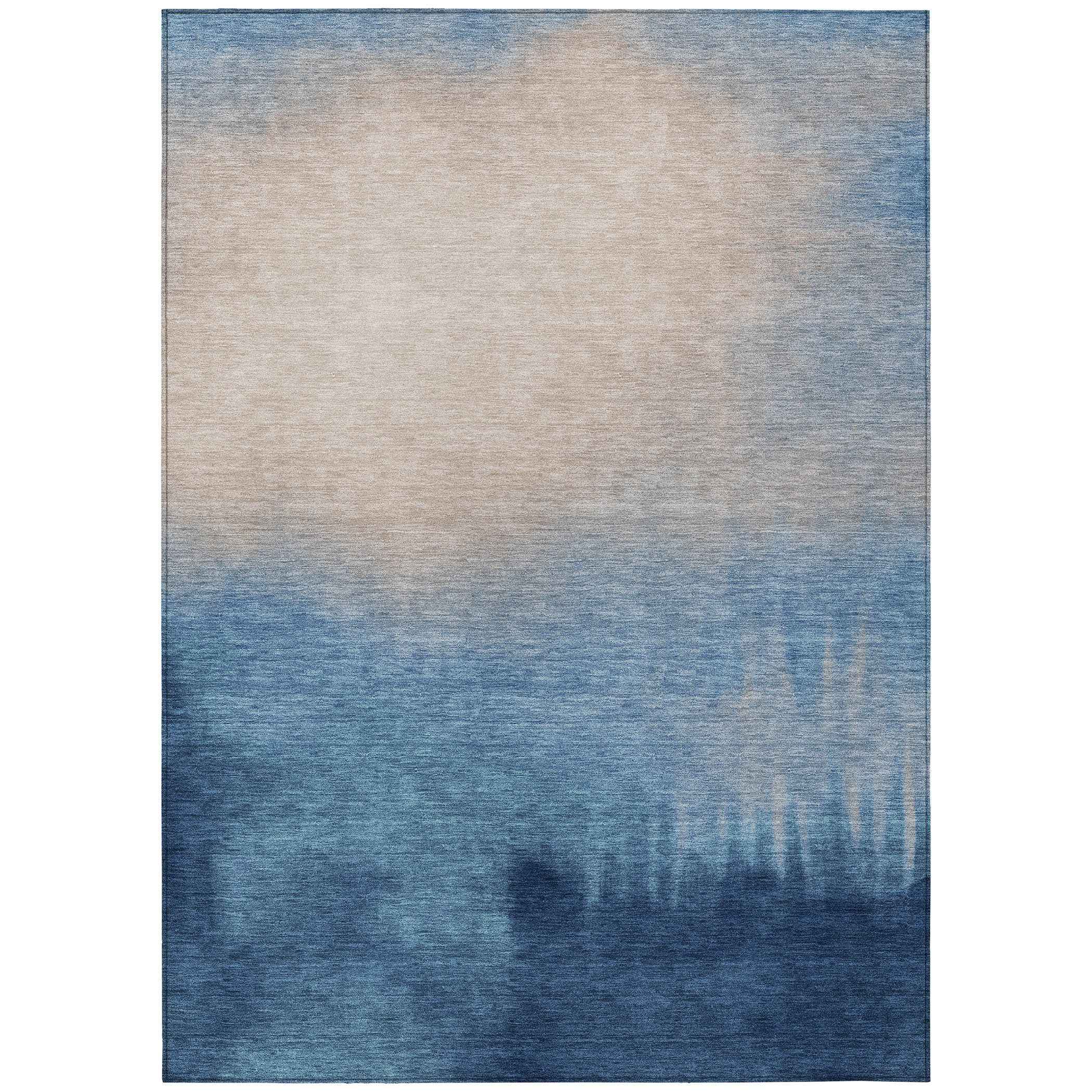 3' X 5' Denim Blue Beige And Cream Abstract Washable Indoor Outdoor Area Rug