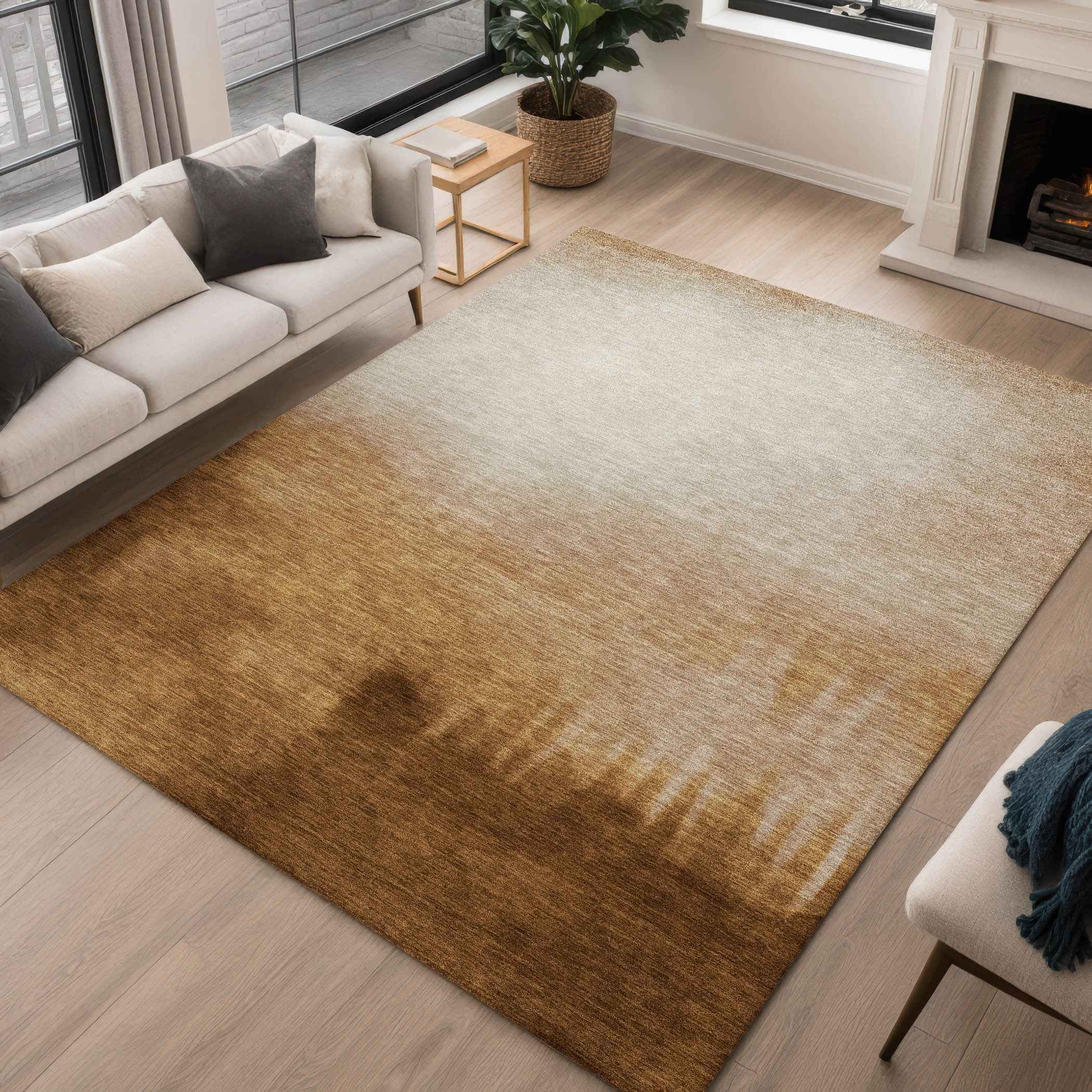 3' X 5' Copper Ivory And Chocolate Abstract Washable Indoor Outdoor Area Rug