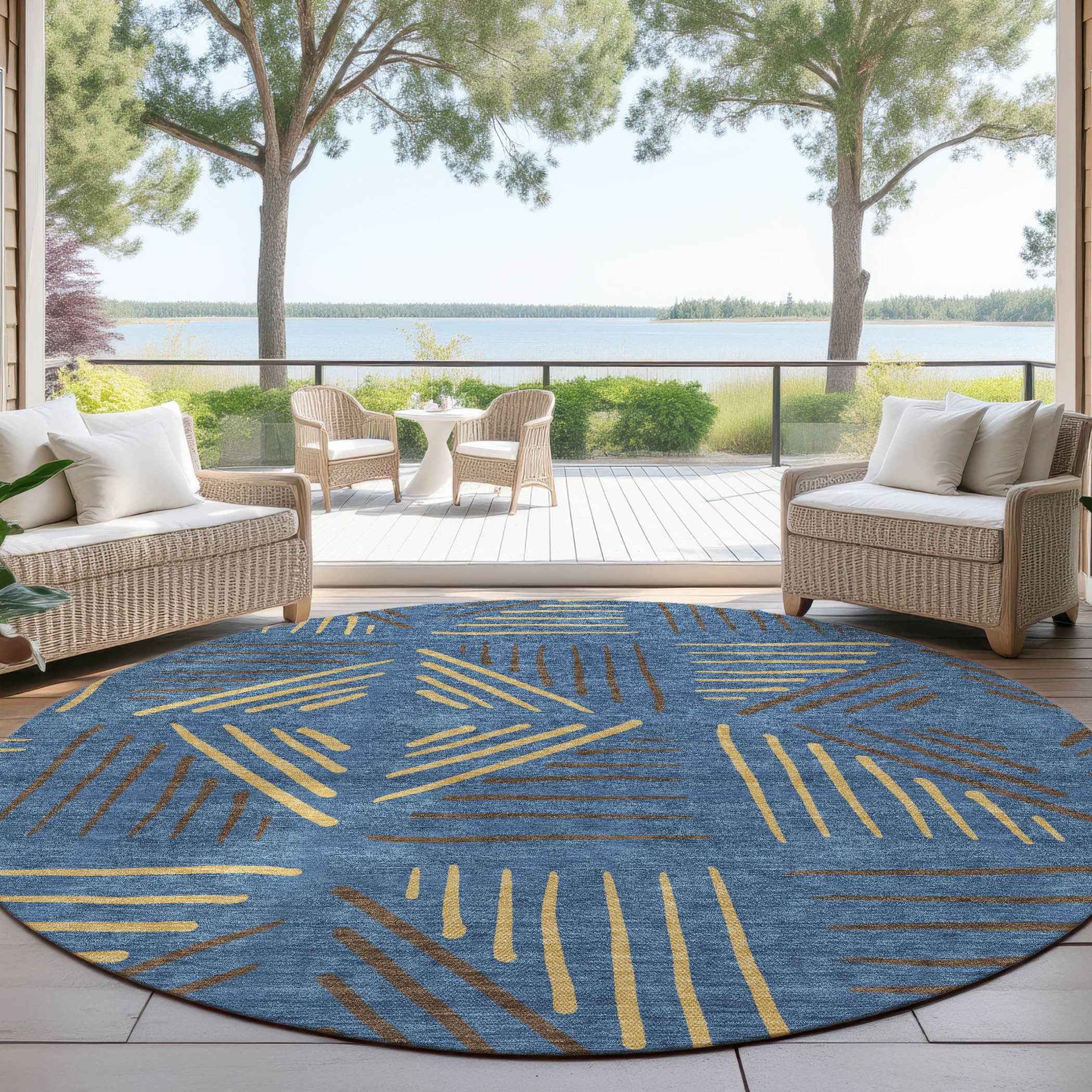 8' Navy Blue And Gold Round Geometric Washable Indoor Outdoor Area Rug