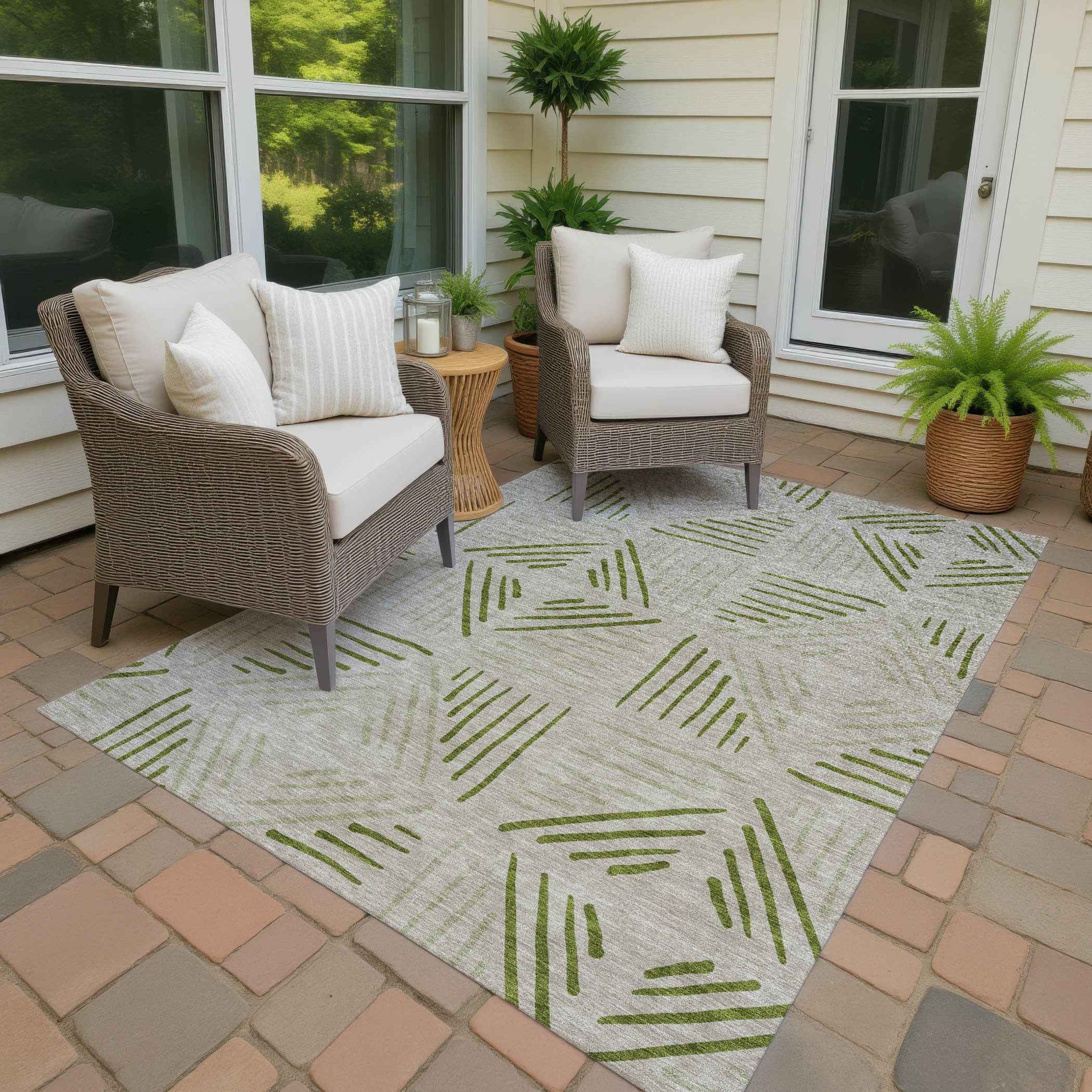 5' X 8' Flax And Sage Geometric Washable Indoor Outdoor Area Rug