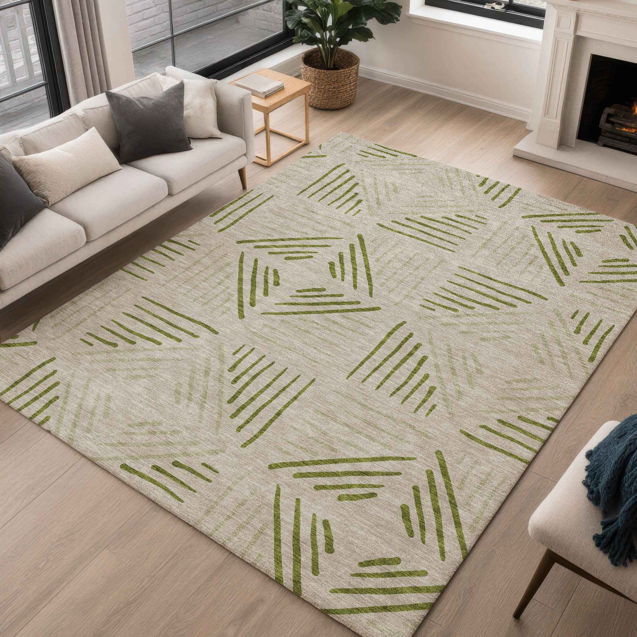 5' X 8' Flax And Sage Geometric Washable Indoor Outdoor Area Rug