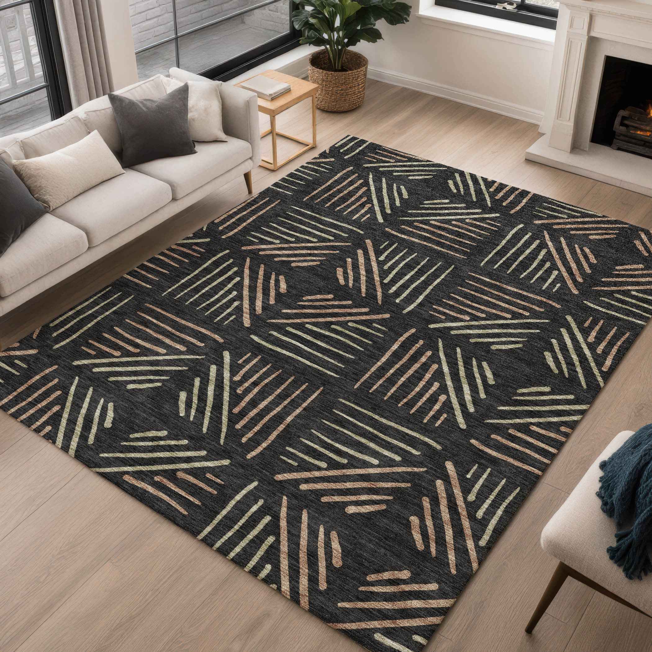 3' X 5' Black And Copper Geometric Washable Indoor Outdoor Area Rug