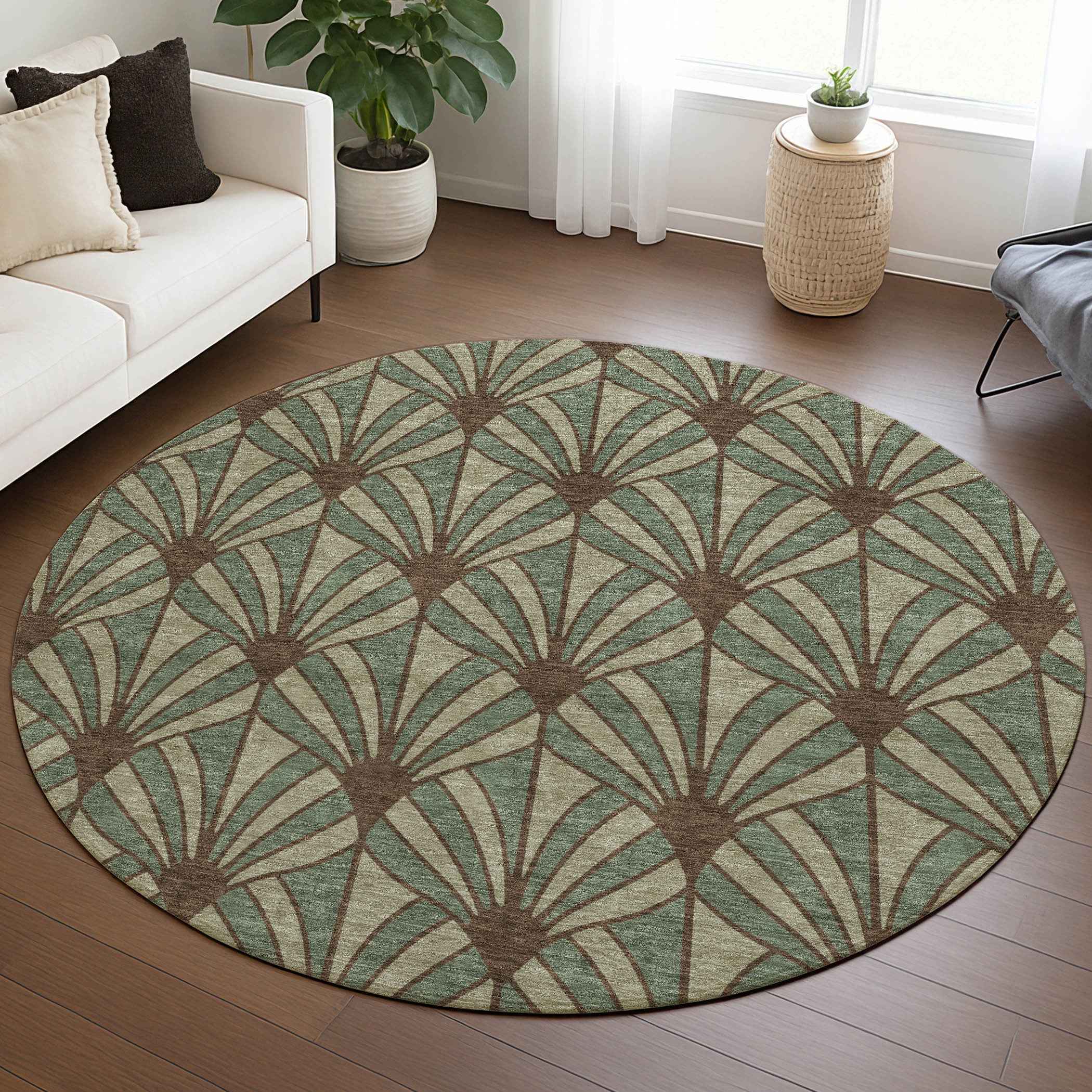 8' Artichoke Green Brown And Beige Round Seashell Washable Indoor Outdoor Area Rug