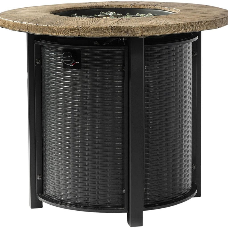 Round propane fire pit with black steel cabinet, woven gray cylinder, and wood-look lid