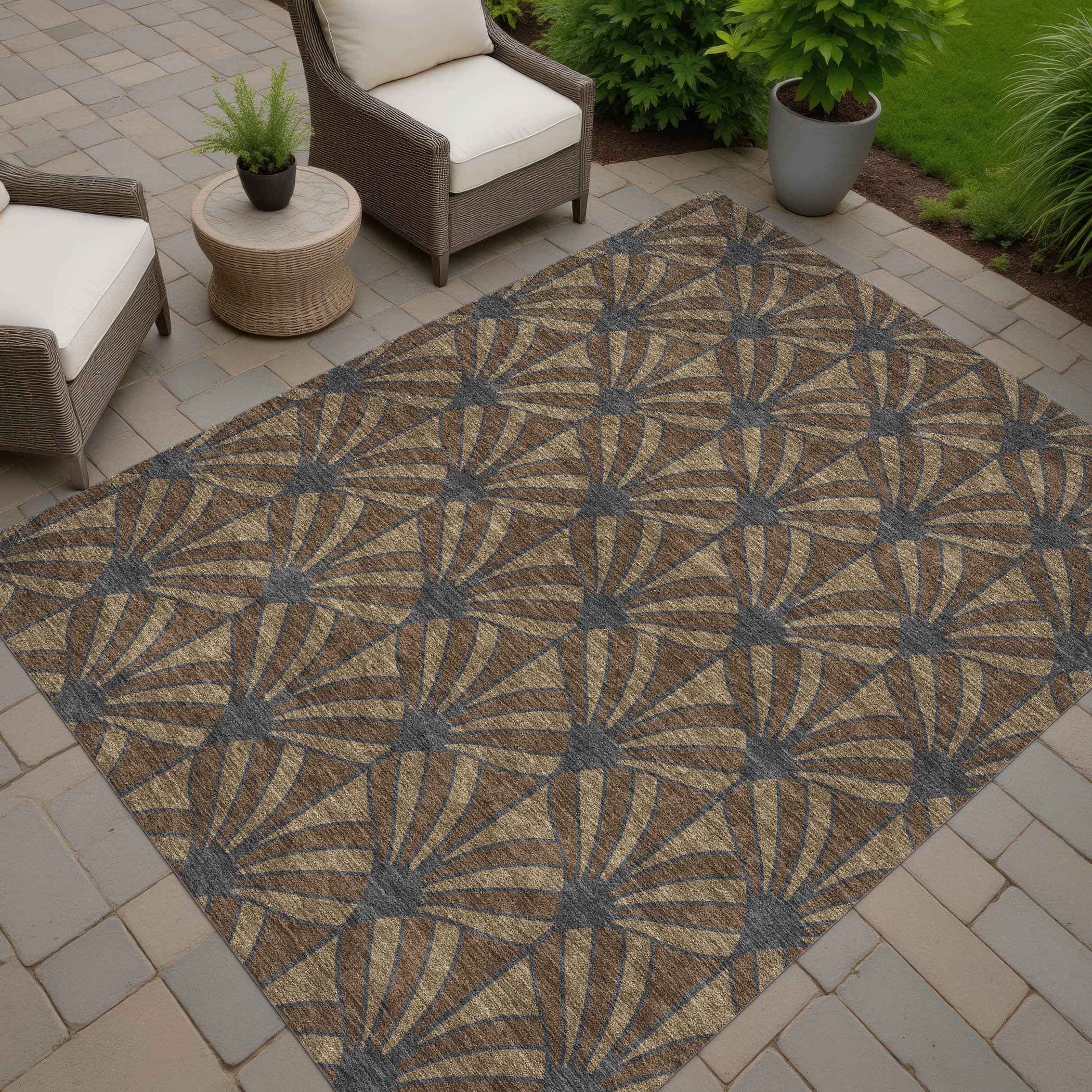 9' X 12' Chocolate Gray And Beige Seashell Washable Indoor Outdoor Area Rug