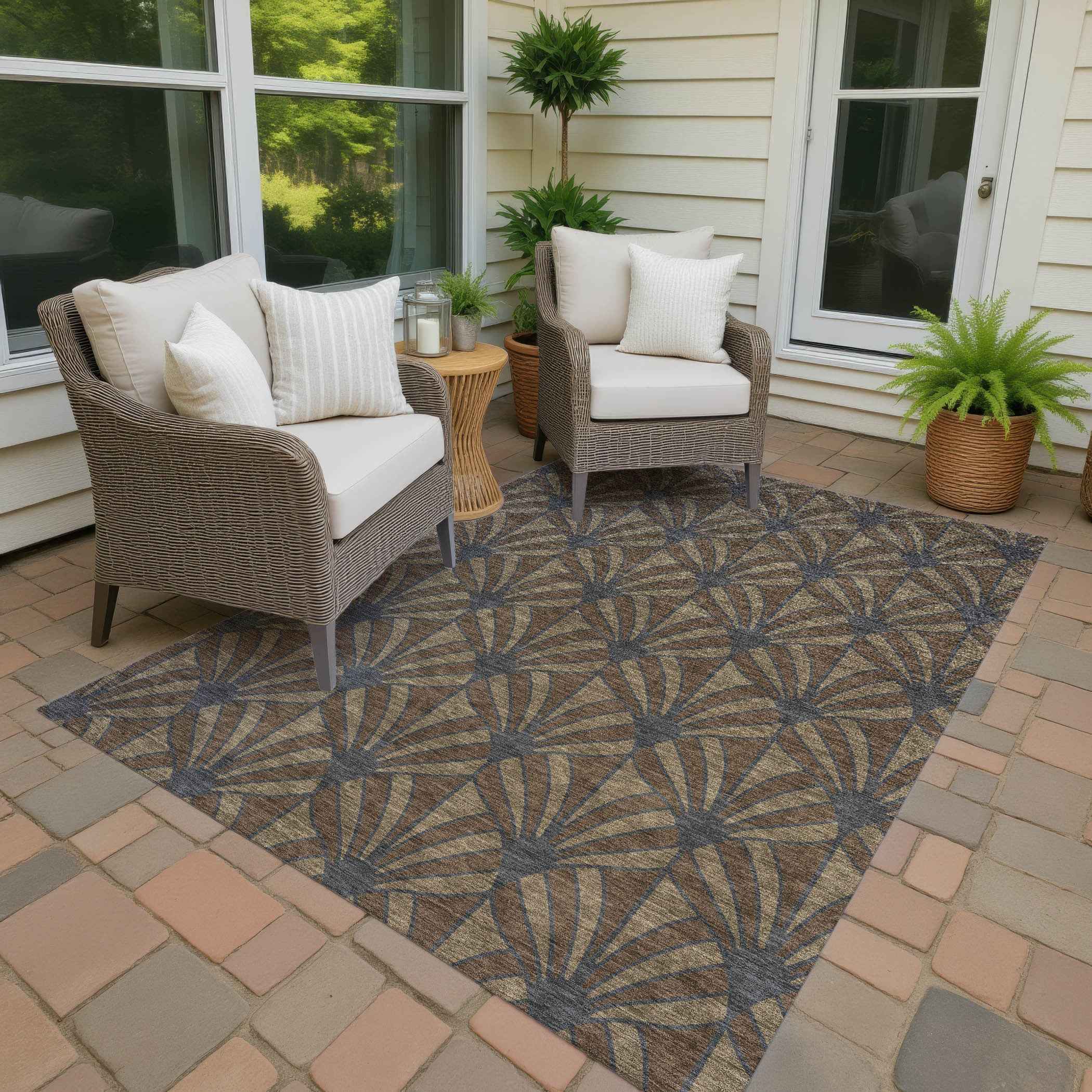 9' X 12' Chocolate Gray And Beige Seashell Washable Indoor Outdoor Area Rug