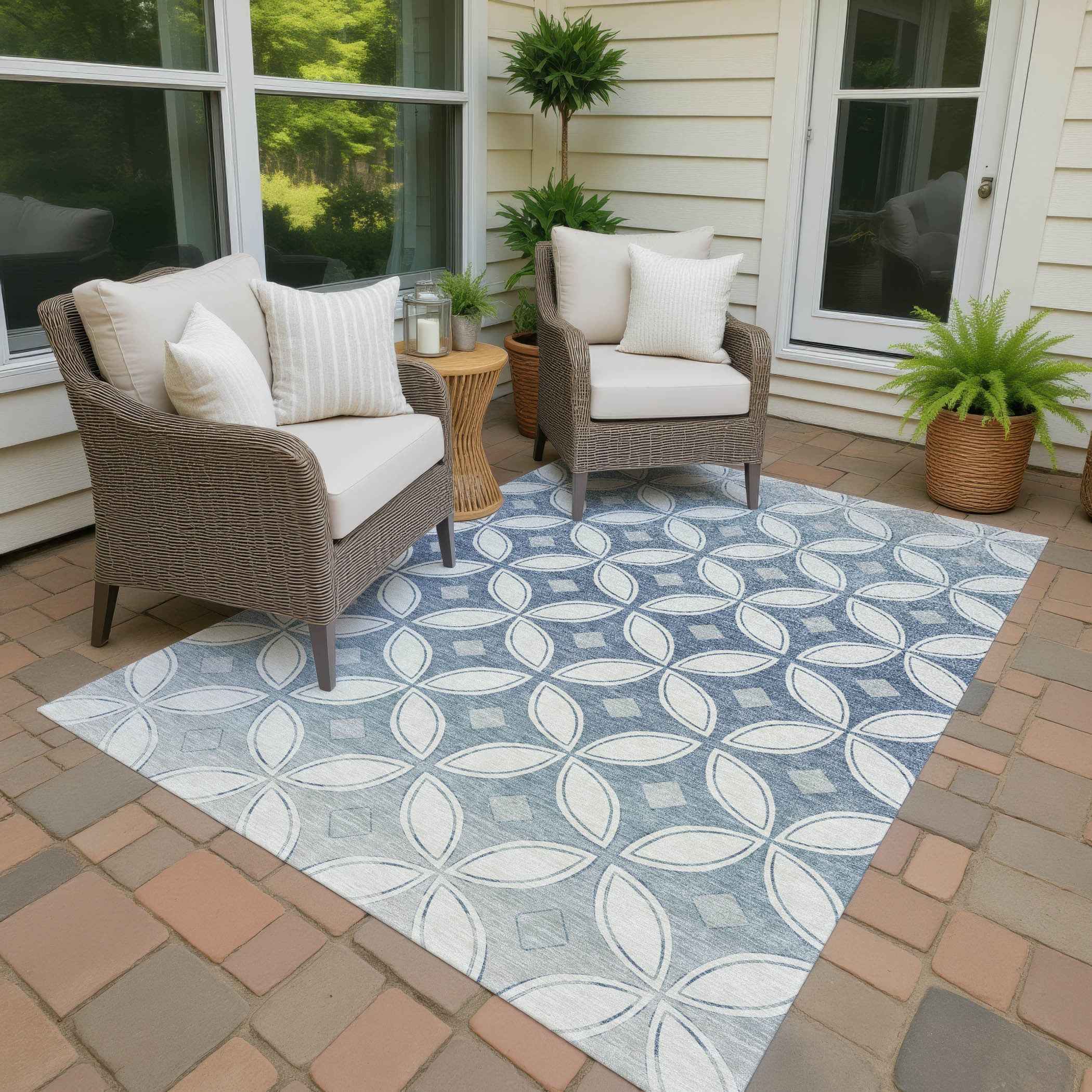 8' X 10' Ivory And Blue Geometric Washable Indoor Outdoor Area Rug
