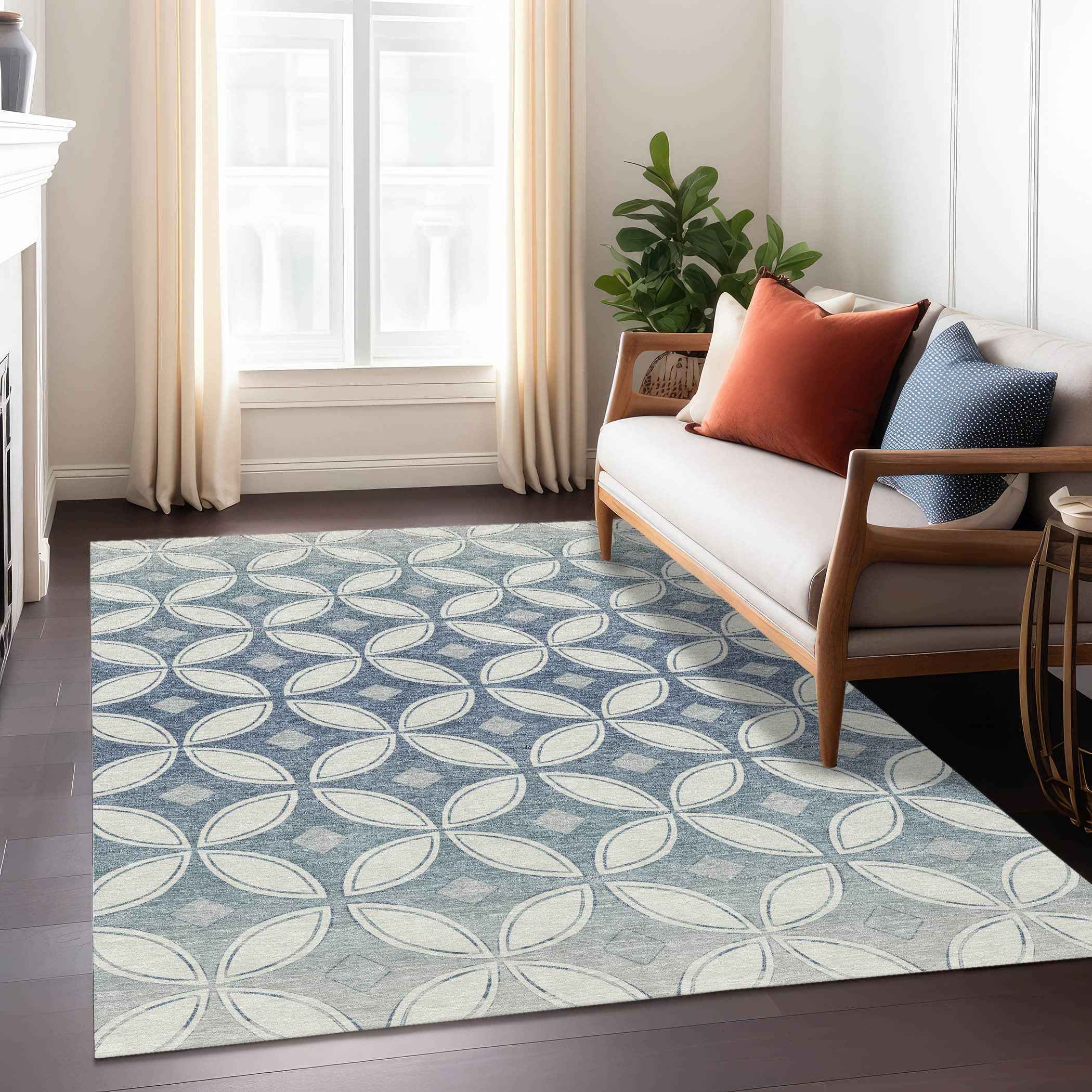 8' X 10' Ivory And Blue Geometric Washable Indoor Outdoor Area Rug