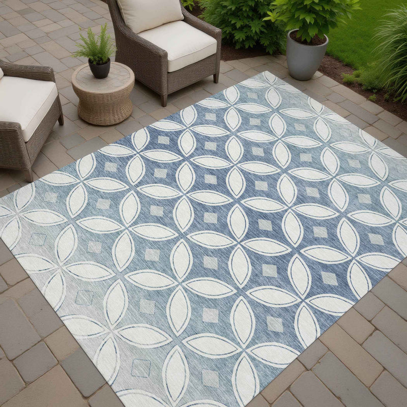 8' X 10' Ivory And Blue Geometric Washable Indoor Outdoor Area Rug