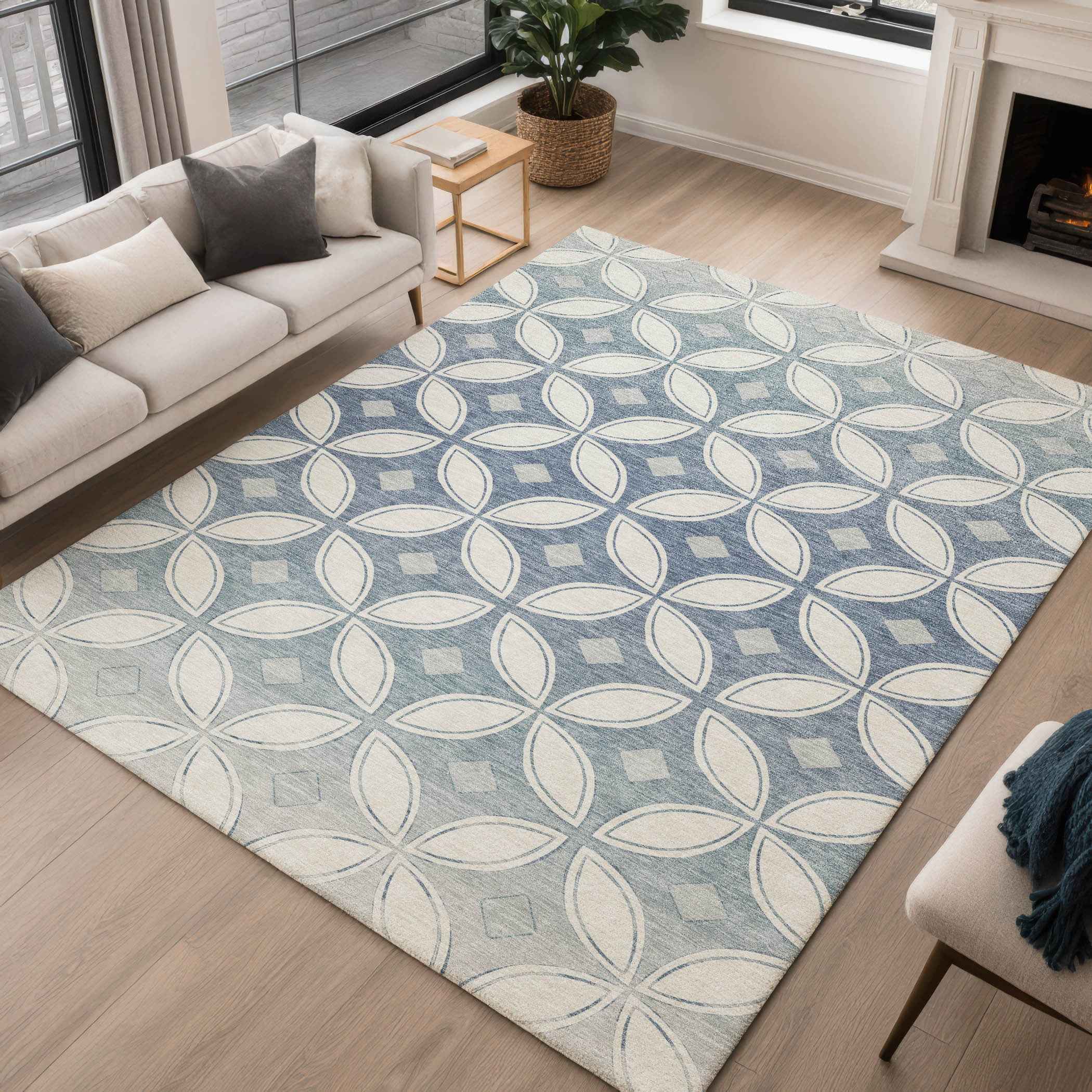 8' X 10' Ivory And Blue Geometric Washable Indoor Outdoor Area Rug