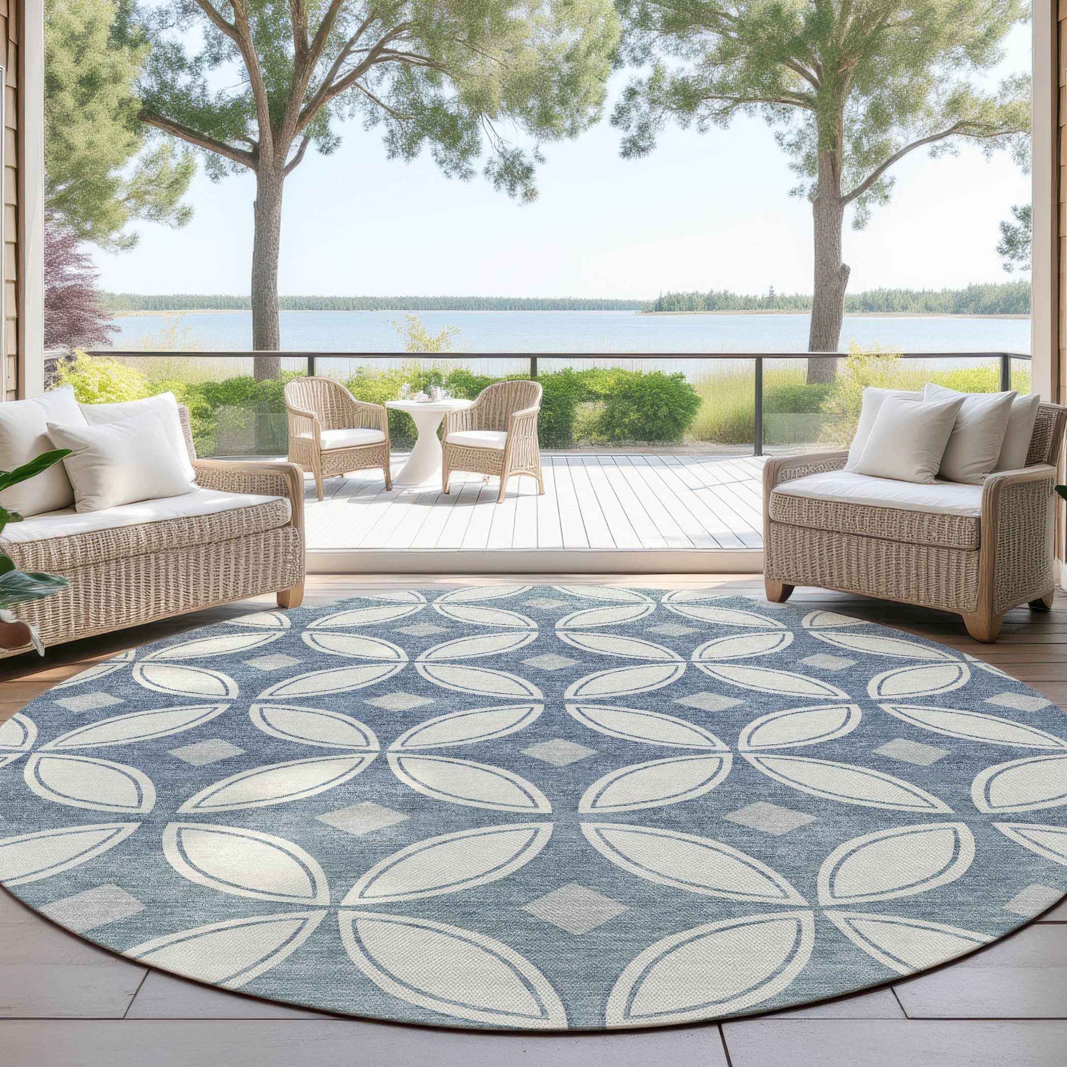 8' Ivory And Blue Round Geometric Washable Indoor Outdoor Area Rug