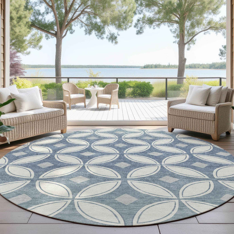8' Ivory And Blue Round Geometric Washable Indoor Outdoor Area Rug