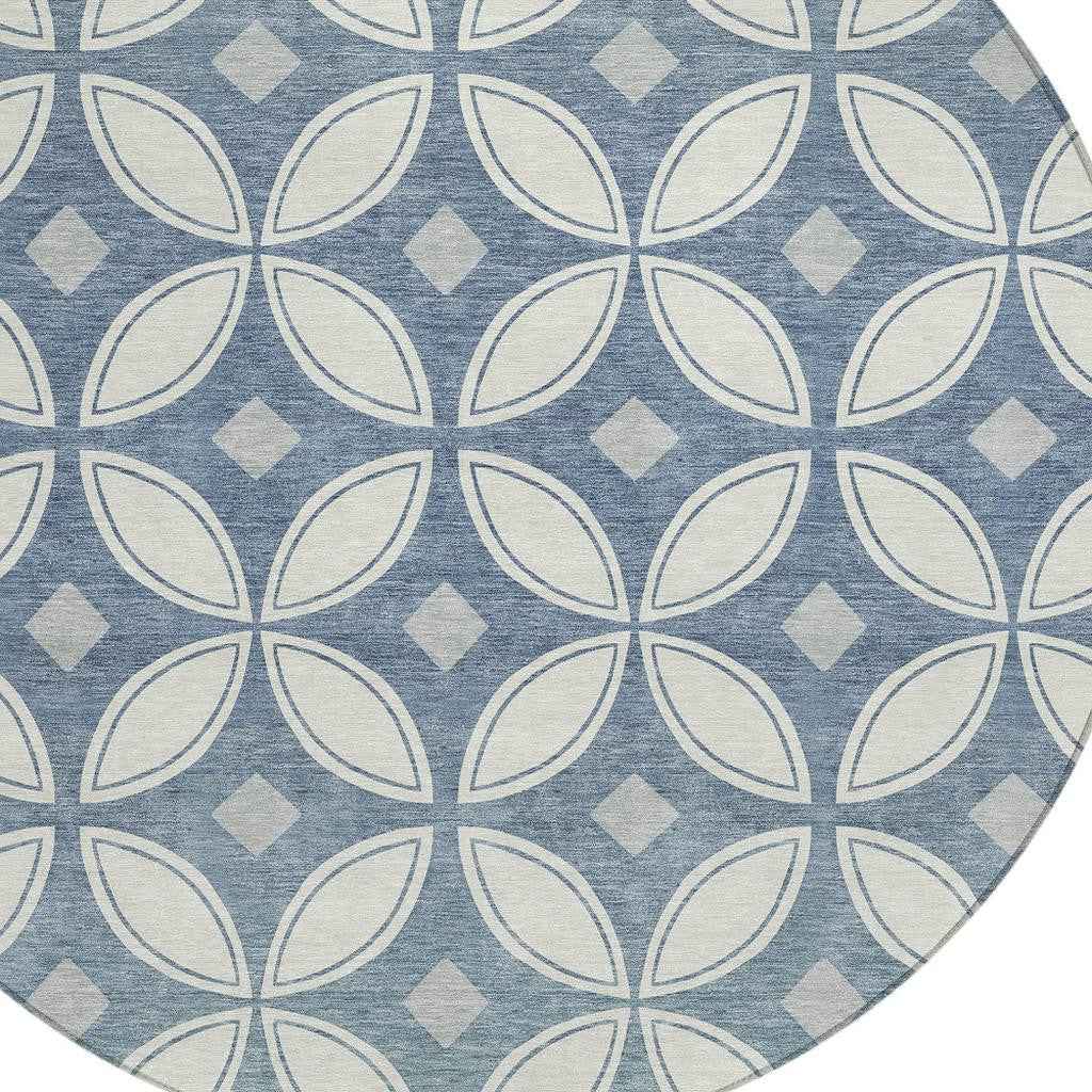 8' Ivory And Blue Round Geometric Washable Indoor Outdoor Area Rug