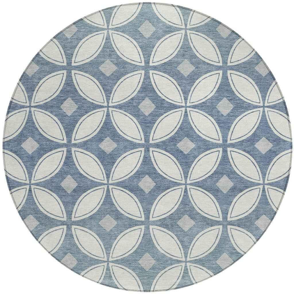 8' Ivory And Blue Round Geometric Washable Indoor Outdoor Area Rug