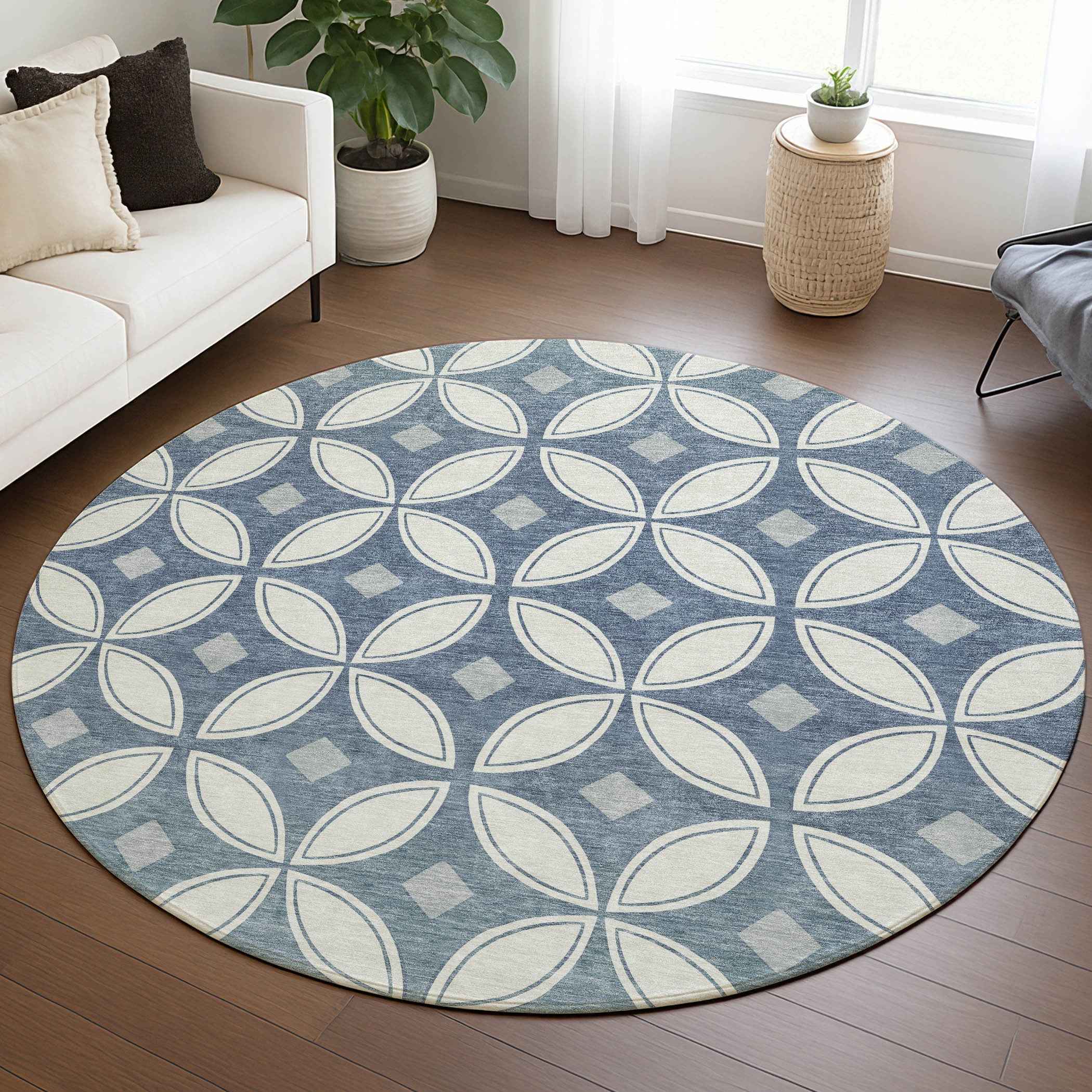 8' Ivory And Blue Round Geometric Washable Indoor Outdoor Area Rug