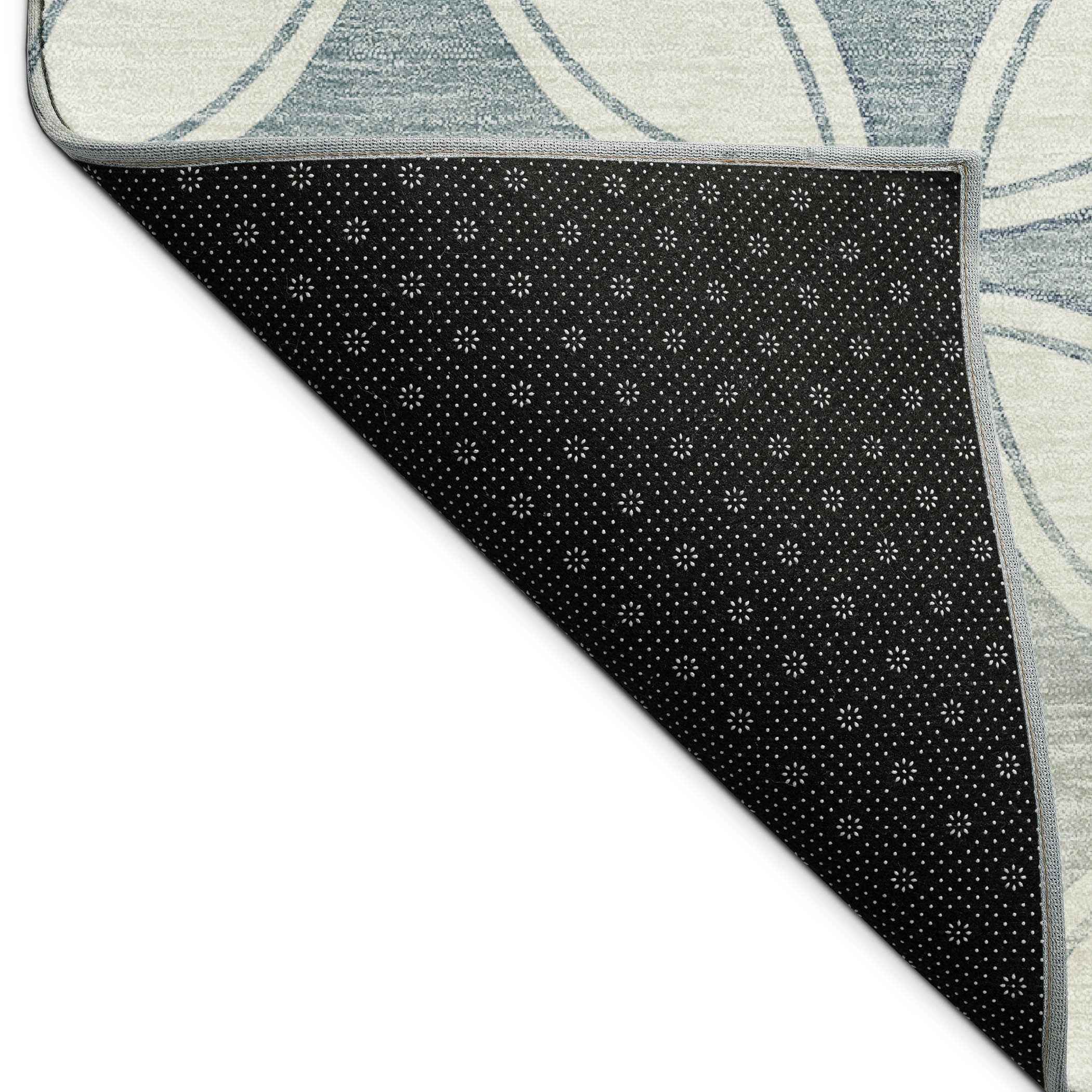 8' Ivory And Blue Round Geometric Washable Indoor Outdoor Area Rug