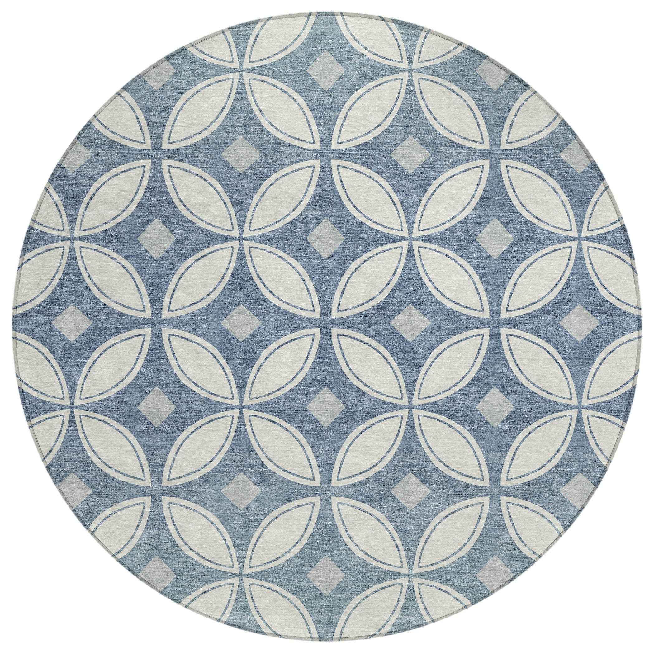 8' Ivory And Blue Round Geometric Washable Indoor Outdoor Area Rug